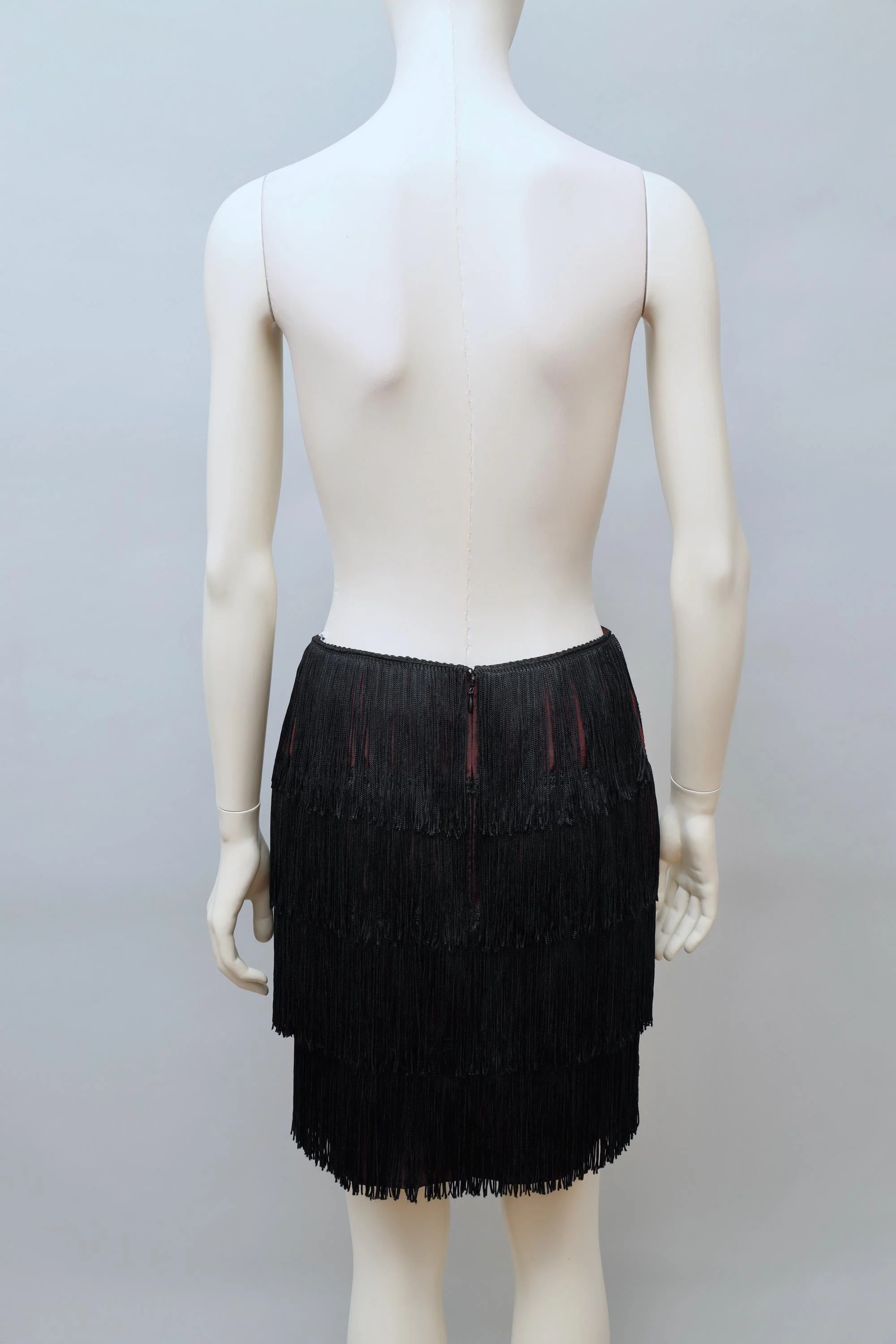 early 1980s OMO Norma Kamali burgundy sateen black fringe skirt