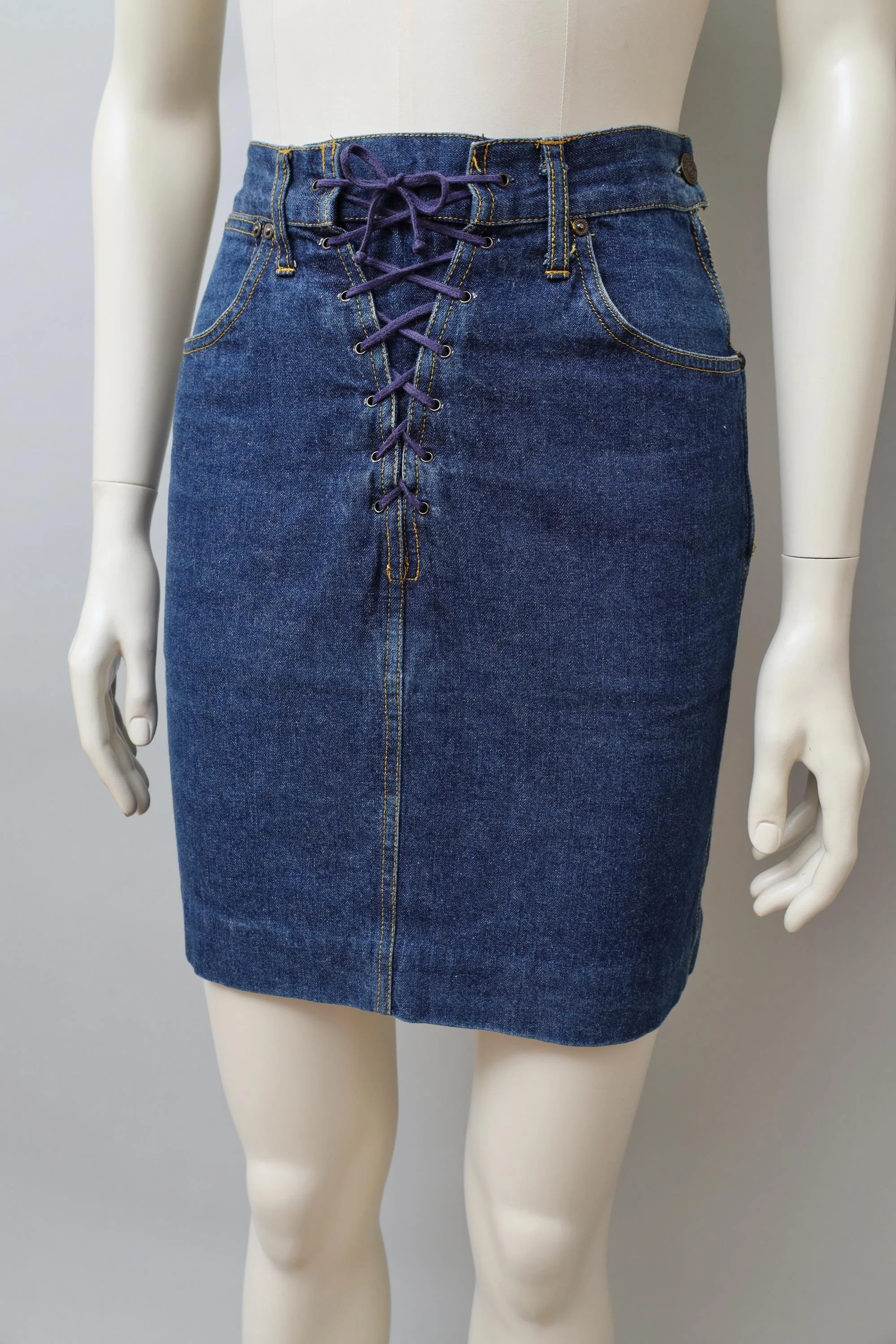 1980s Lolita Lempicka Bis lace-up front jeans skirt