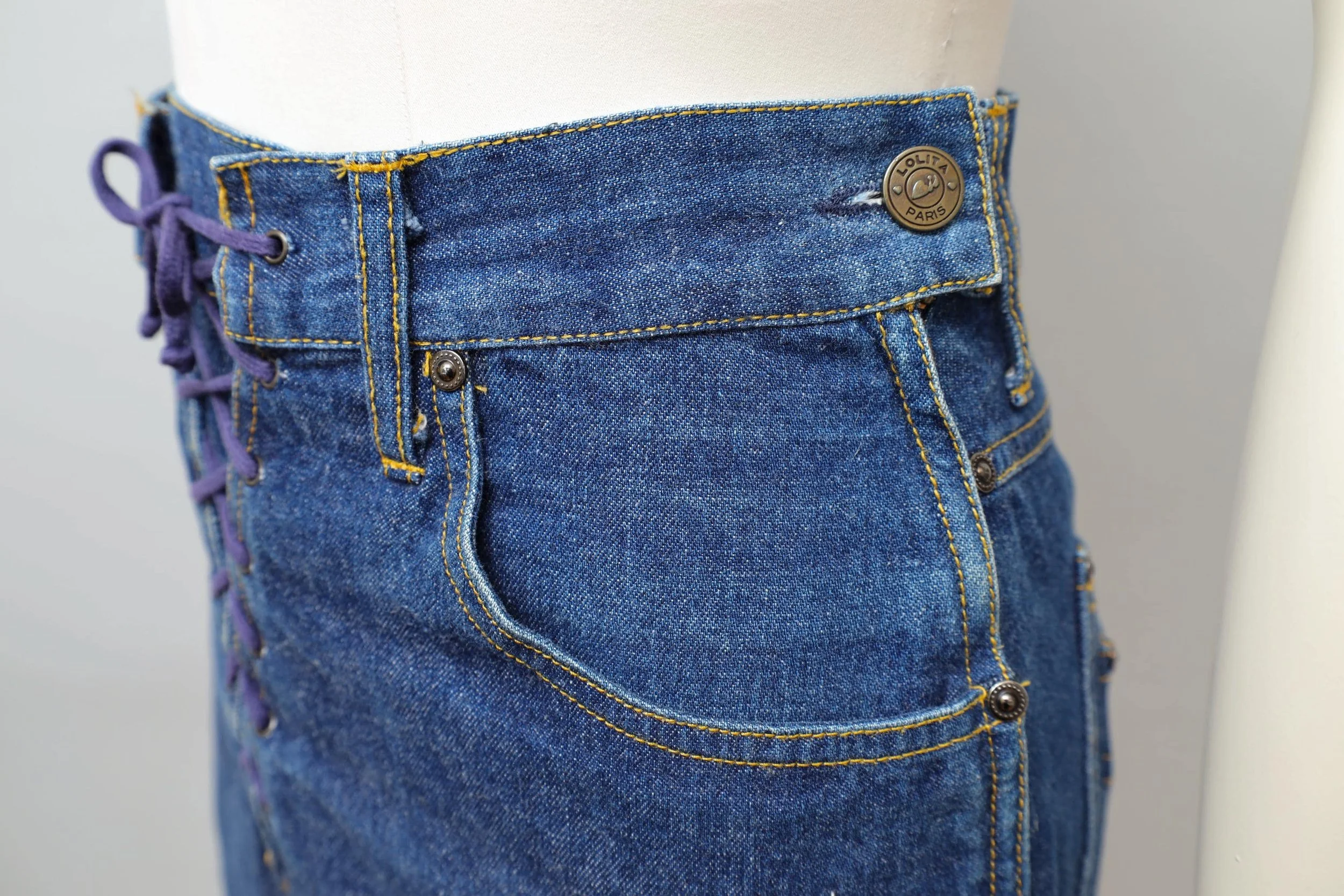 1980s Lolita Lempicka Bis lace-up front jeans skirt