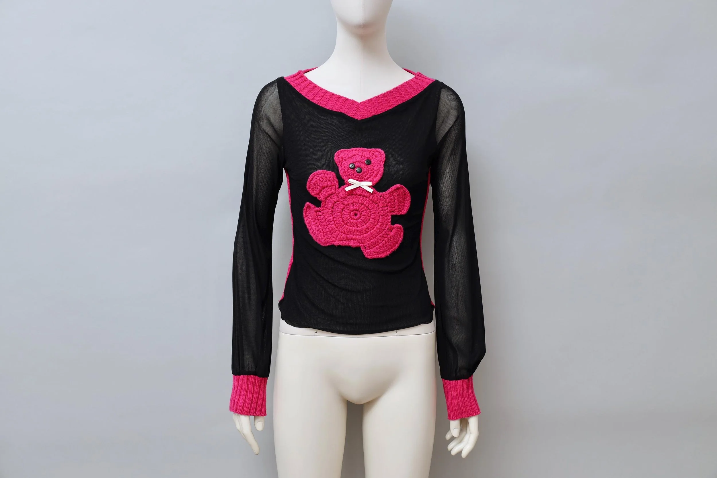 2000s I Gabbiani pink and black teddy bear knit mesh top