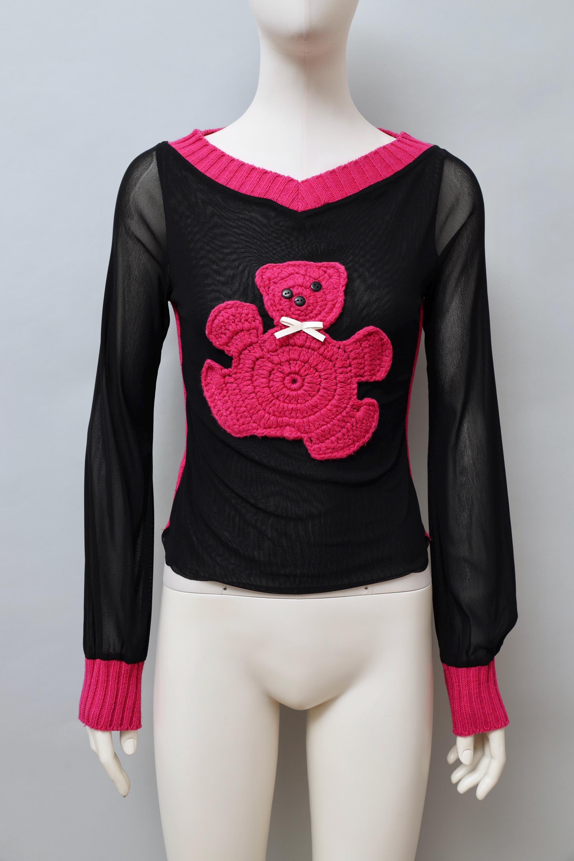 2000s I Gabbiani pink and black teddy bear knit mesh top
