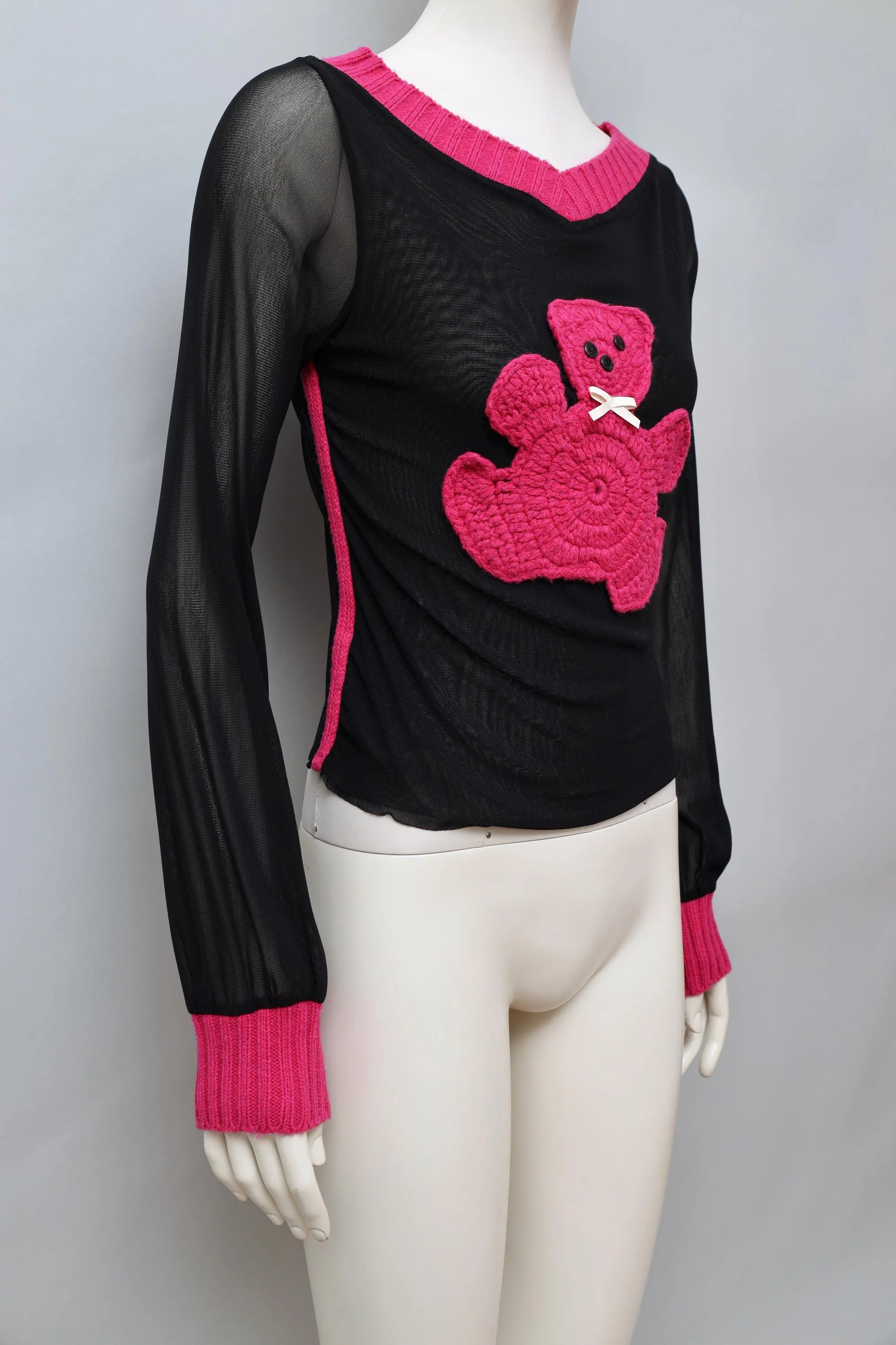 2000s I Gabbiani pink and black teddy bear knit mesh top
