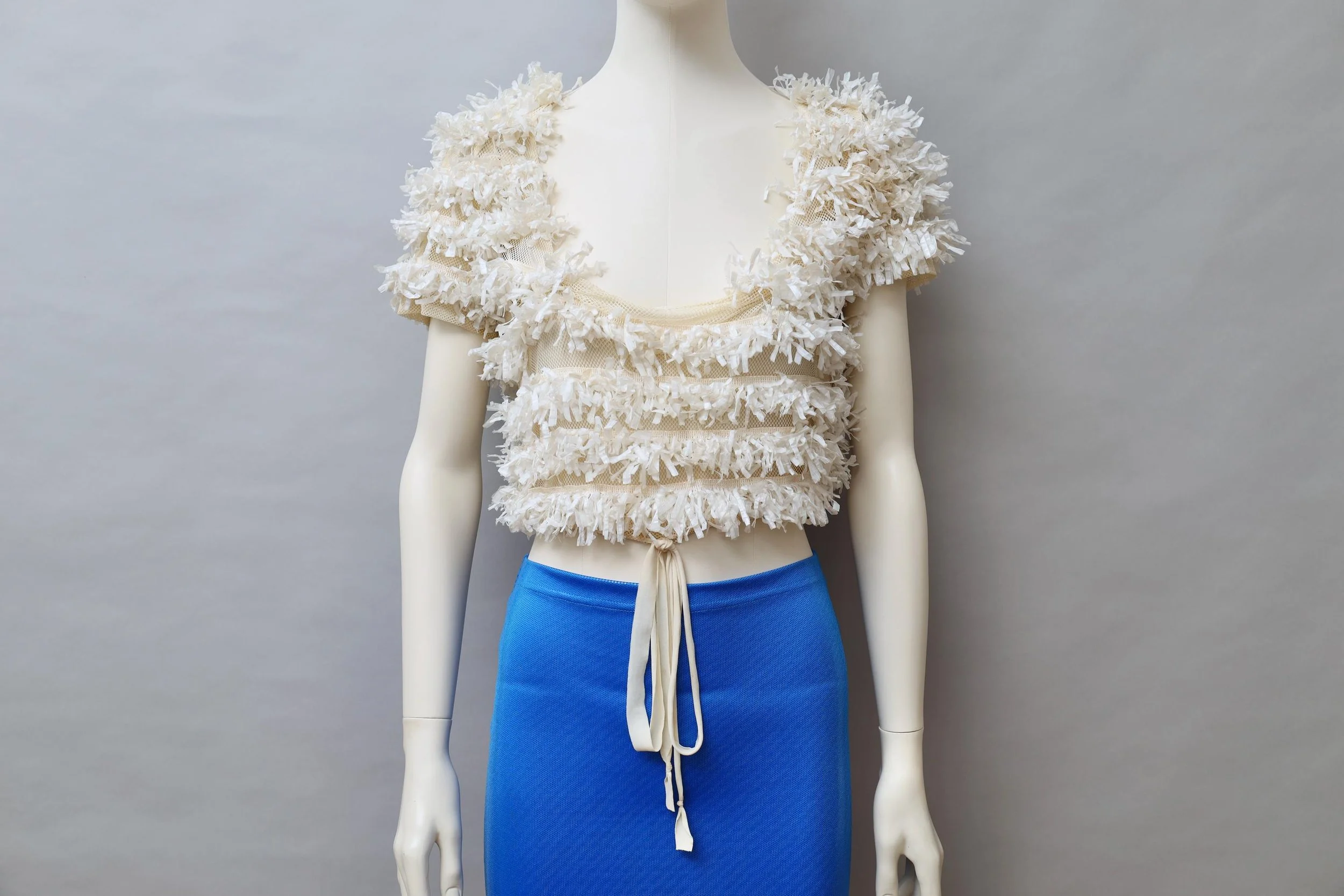 late 1980s / early 1990s Decollage off white mesh and raffia top