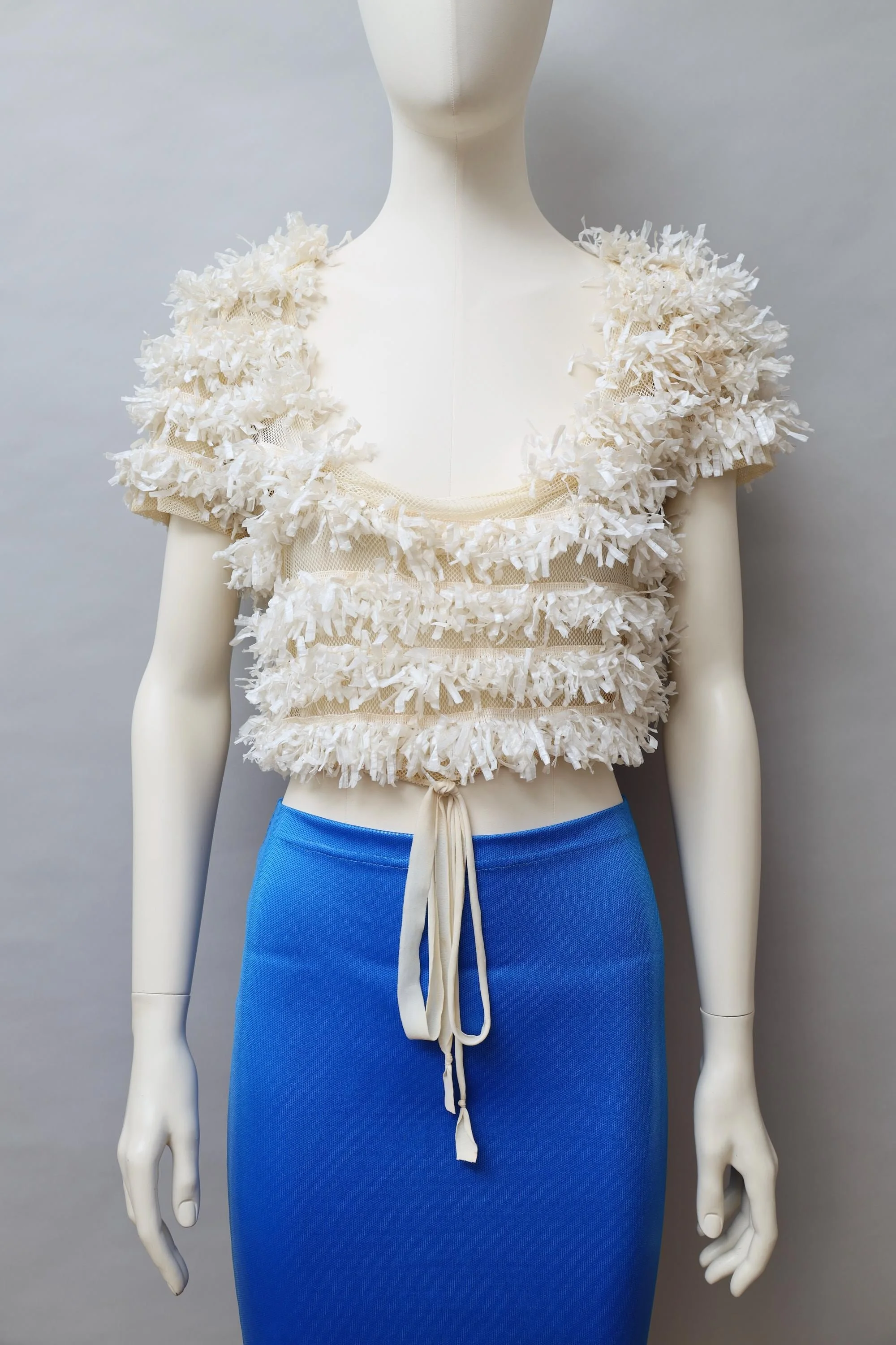 late 1980s / early 1990s Decollage off white mesh and raffia top