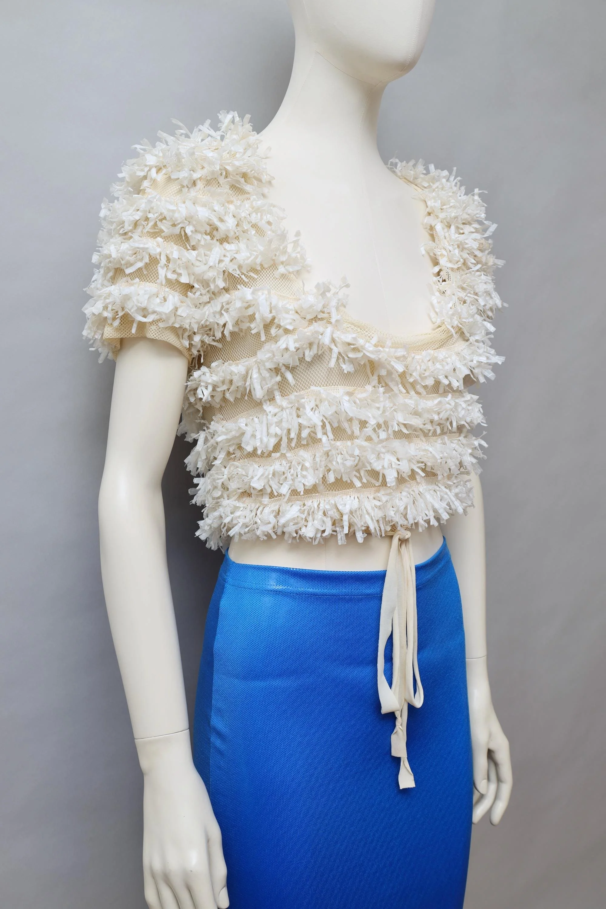 late 1980s / early 1990s Decollage off white mesh and raffia top