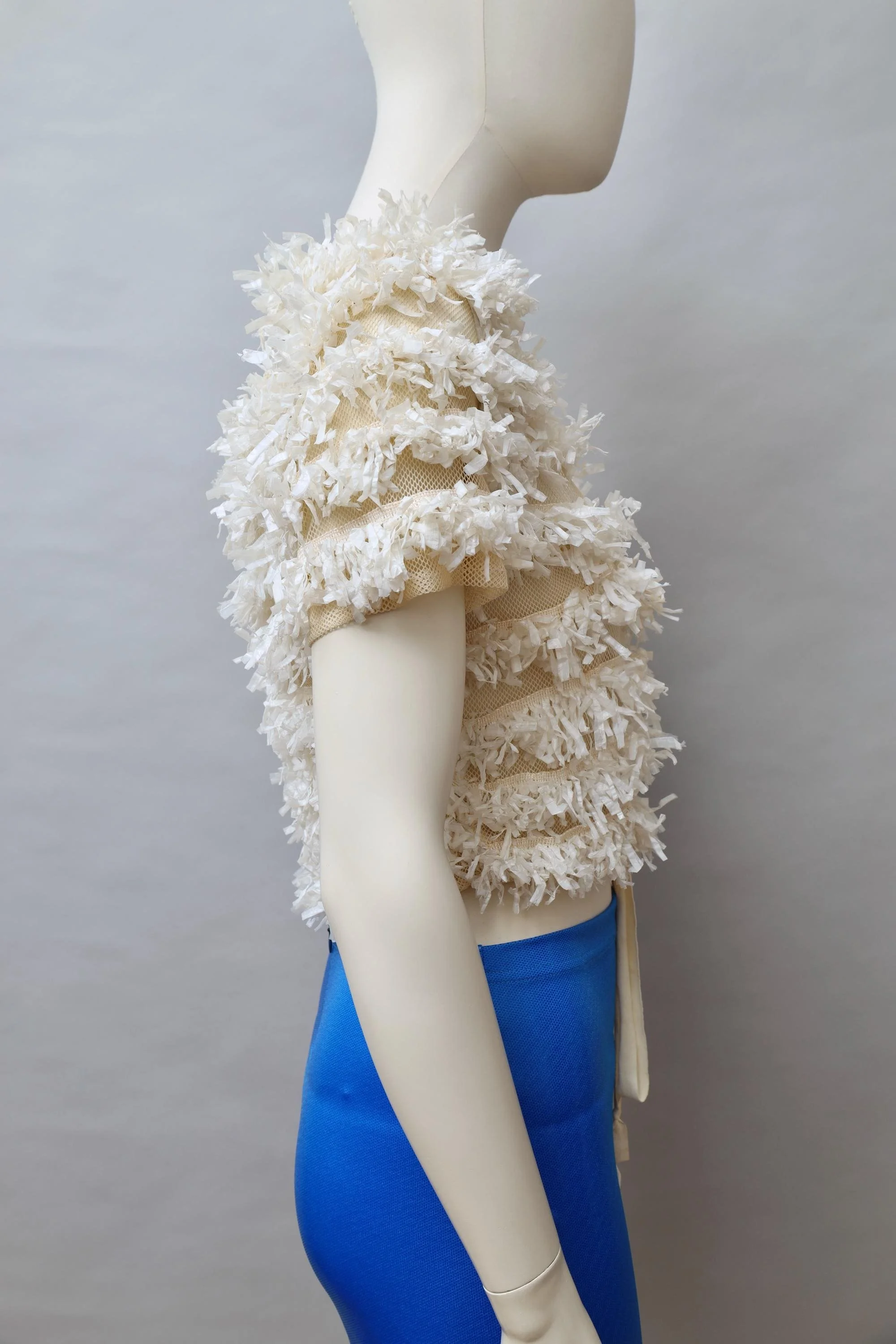 late 1980s / early 1990s Decollage off white mesh and raffia top