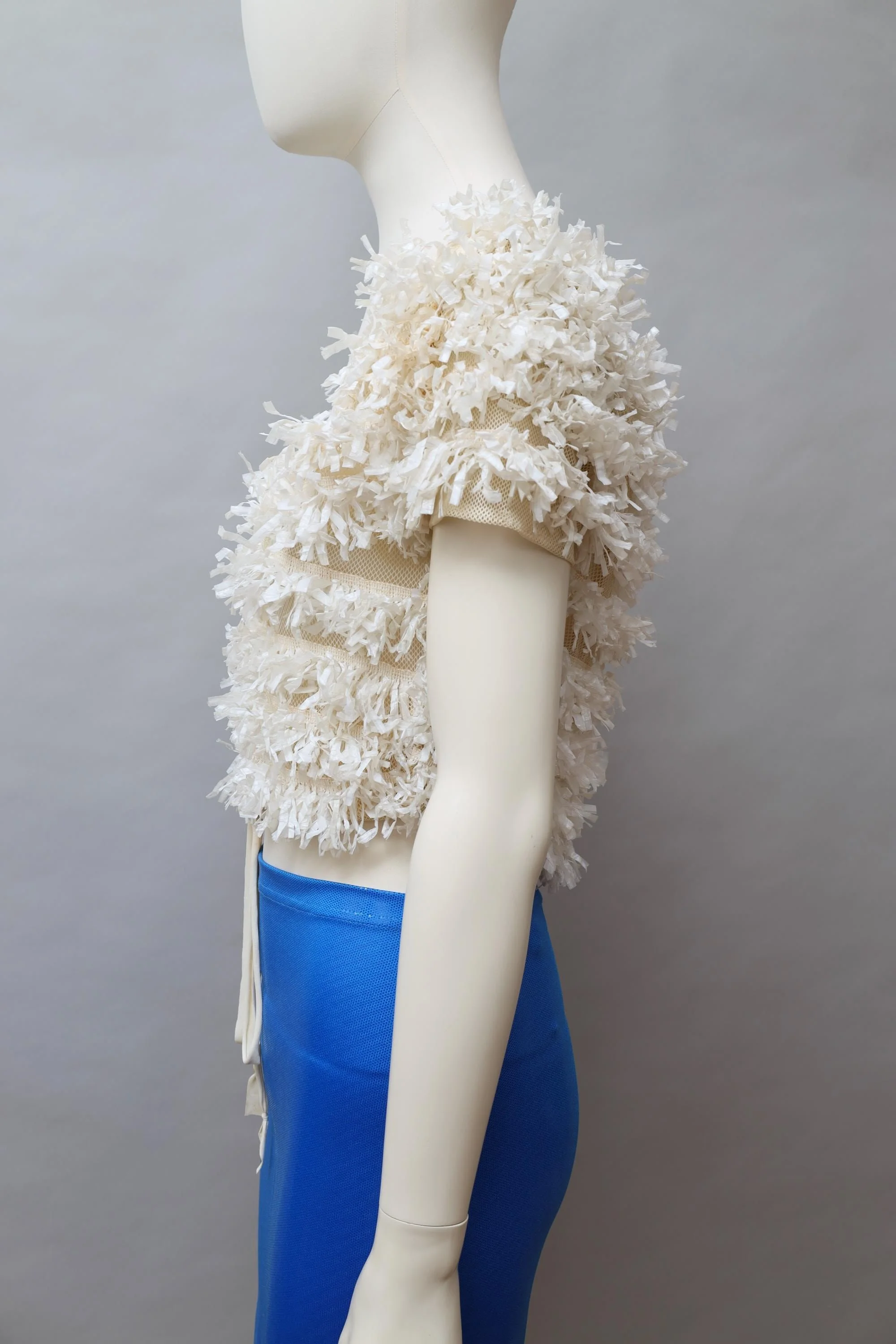 late 1980s / early 1990s Decollage off white mesh and raffia top