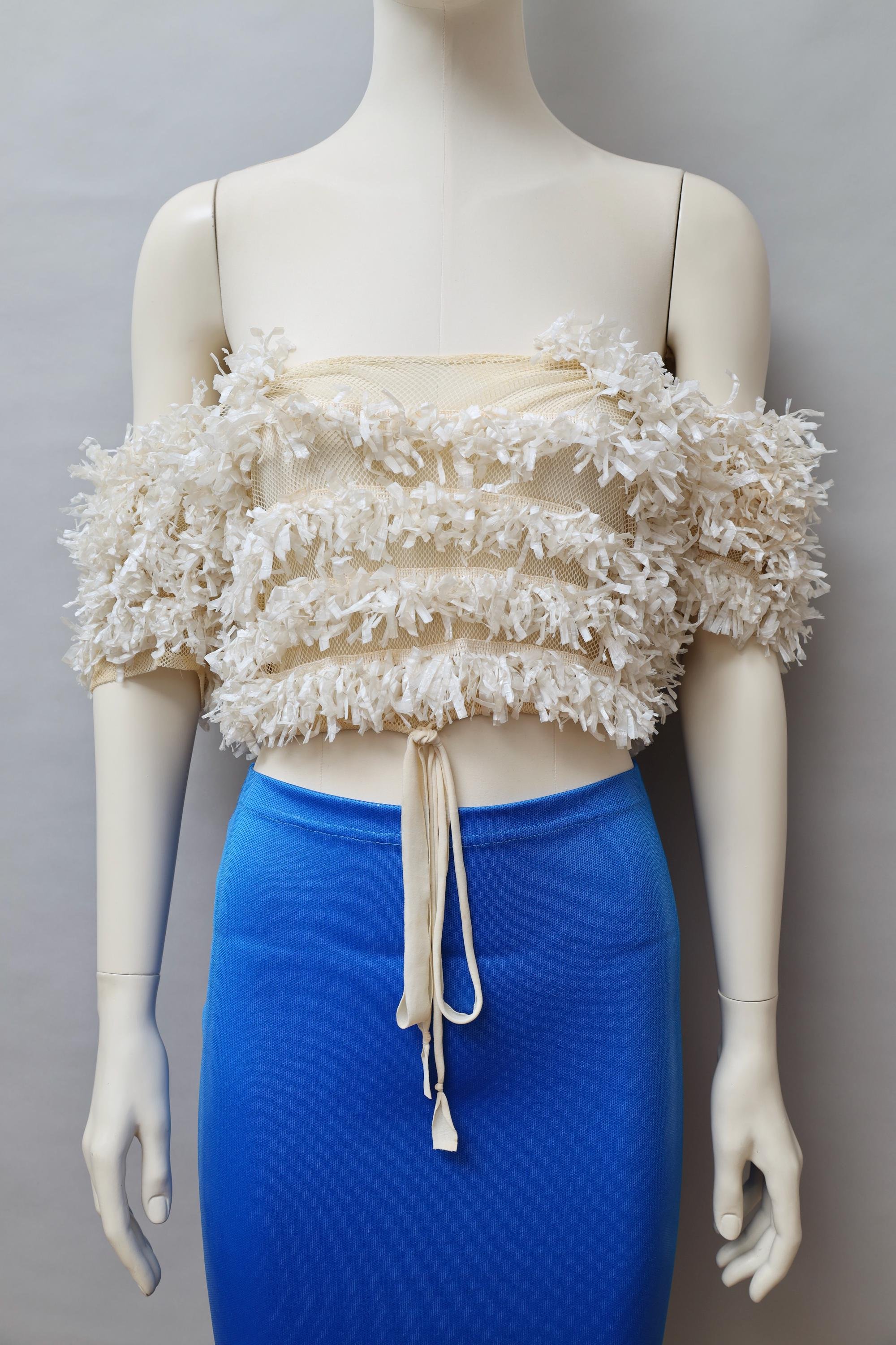 late 1980s / early 1990s Decollage off white mesh and raffia top