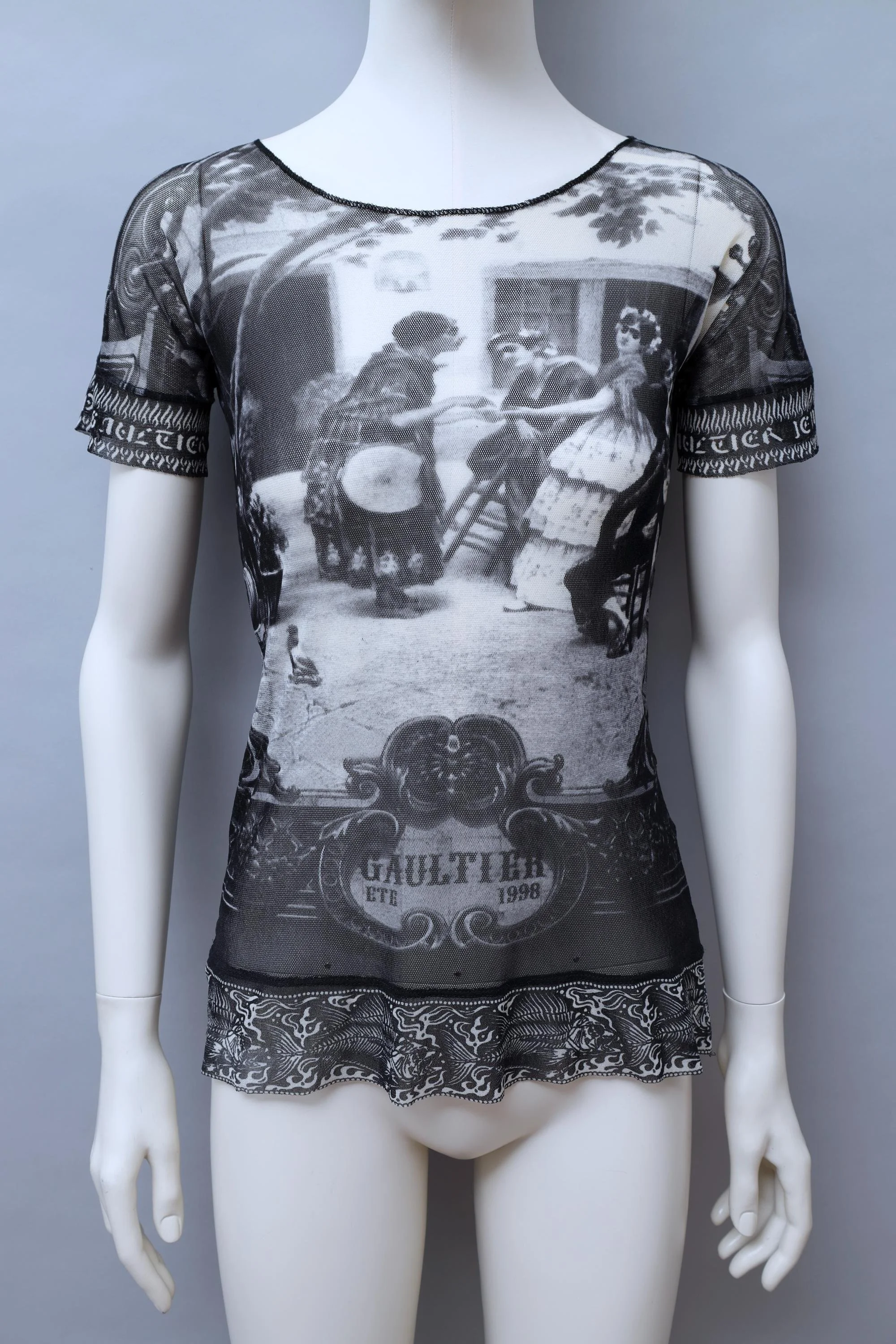 S/S 1998 Jean Paul Gaultier black and white photograph mesh t-shirt