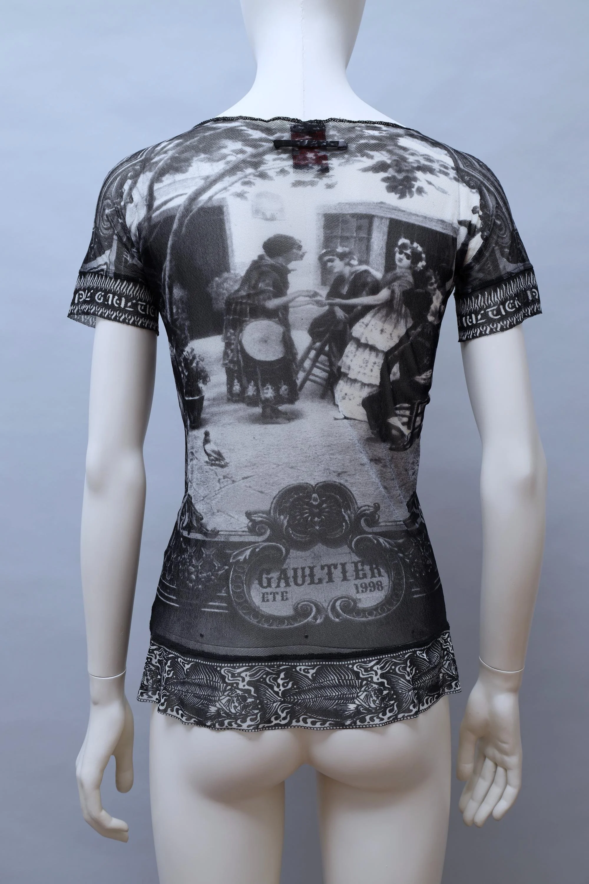 S/S 1998 Jean Paul Gaultier black and white photograph mesh t-shirt