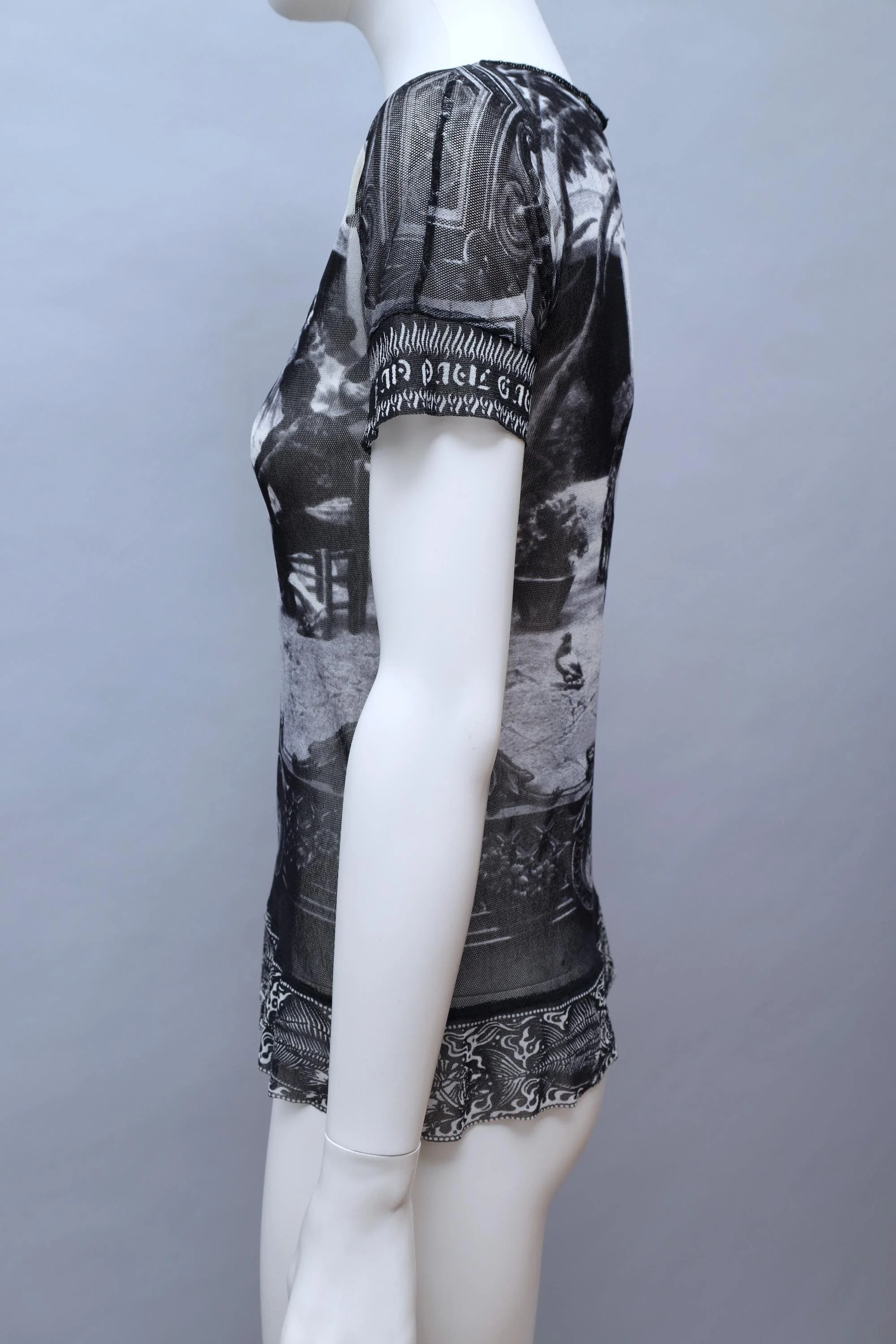 S/S 1998 Jean Paul Gaultier black and white photograph mesh t-shirt