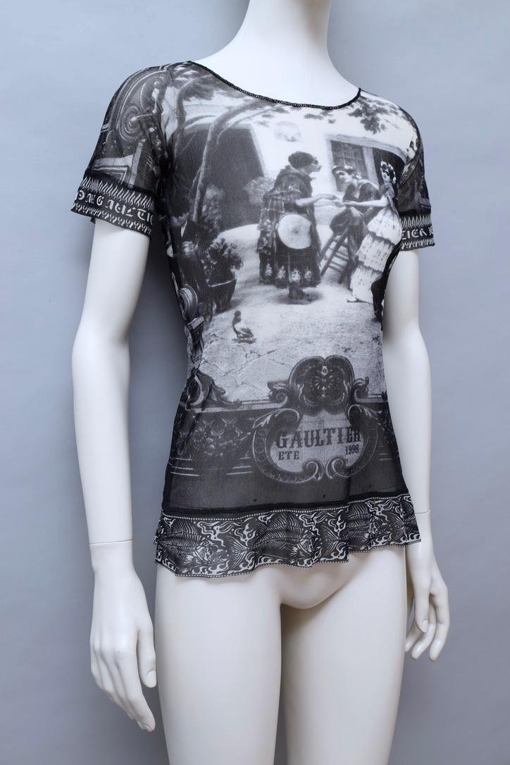 S/S 1998 Jean Paul Gaultier black and white photograph mesh t-shirt