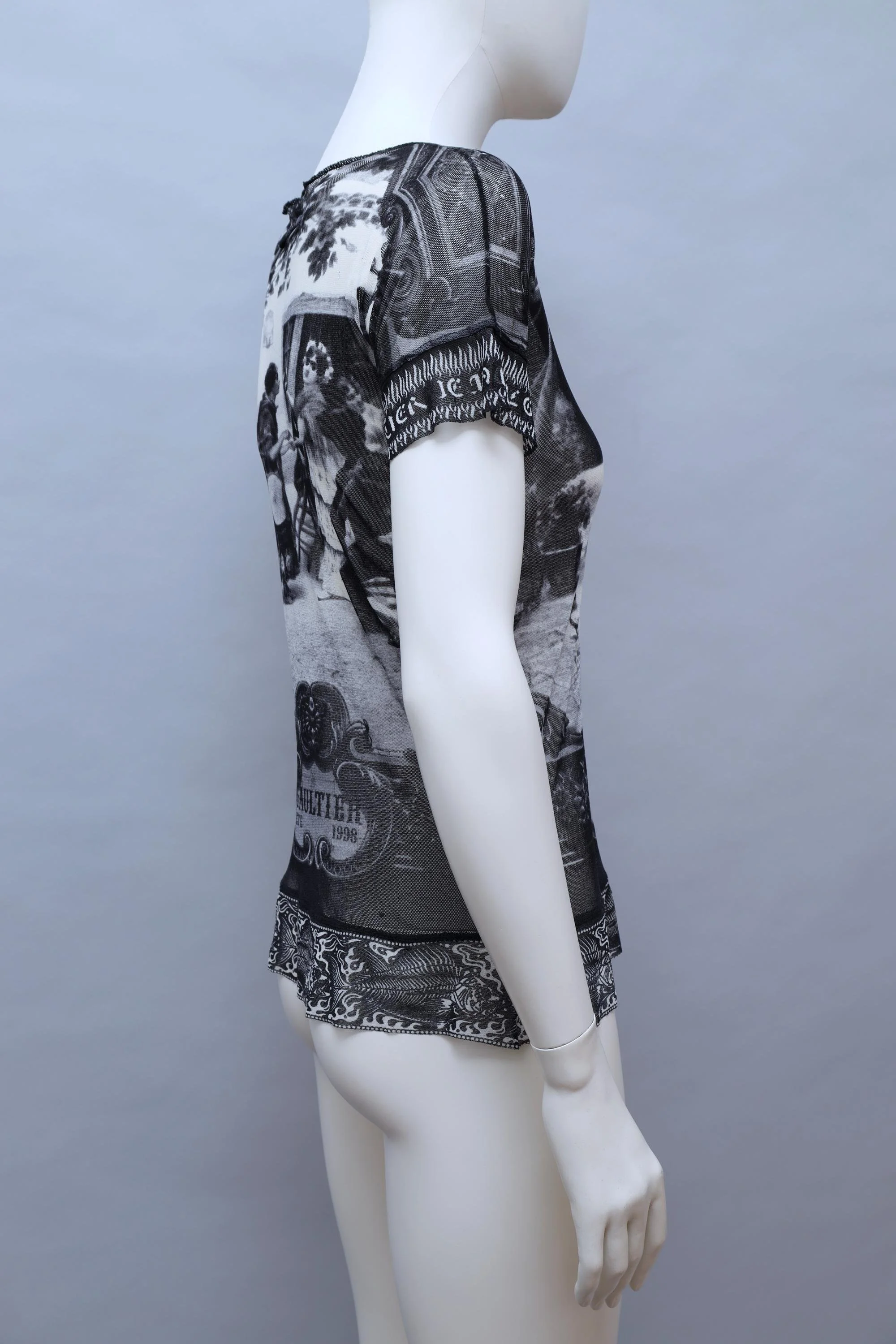 S/S 1998 Jean Paul Gaultier black and white photograph mesh t-shirt