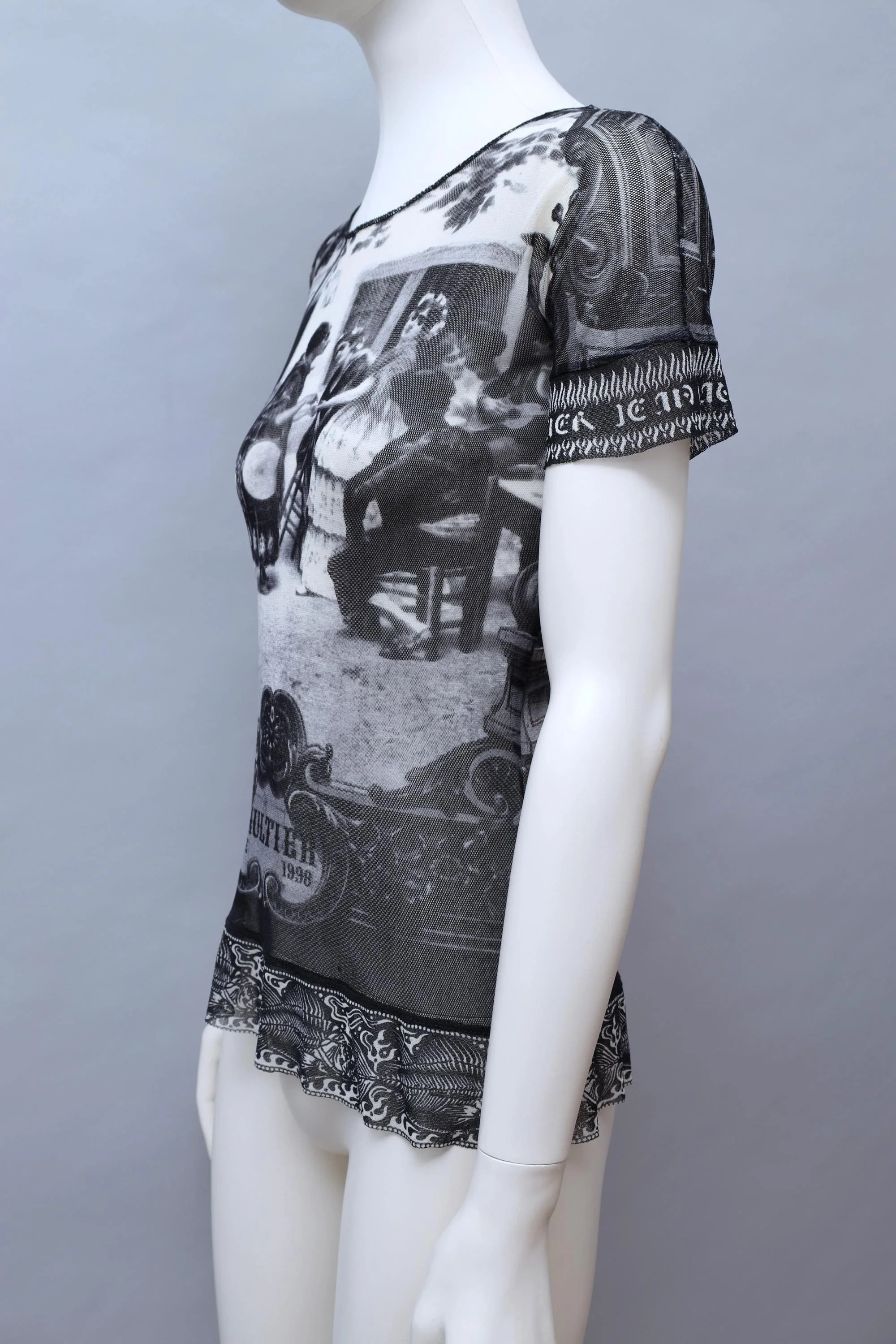 S/S 1998 Jean Paul Gaultier black and white photograph mesh t-shirt