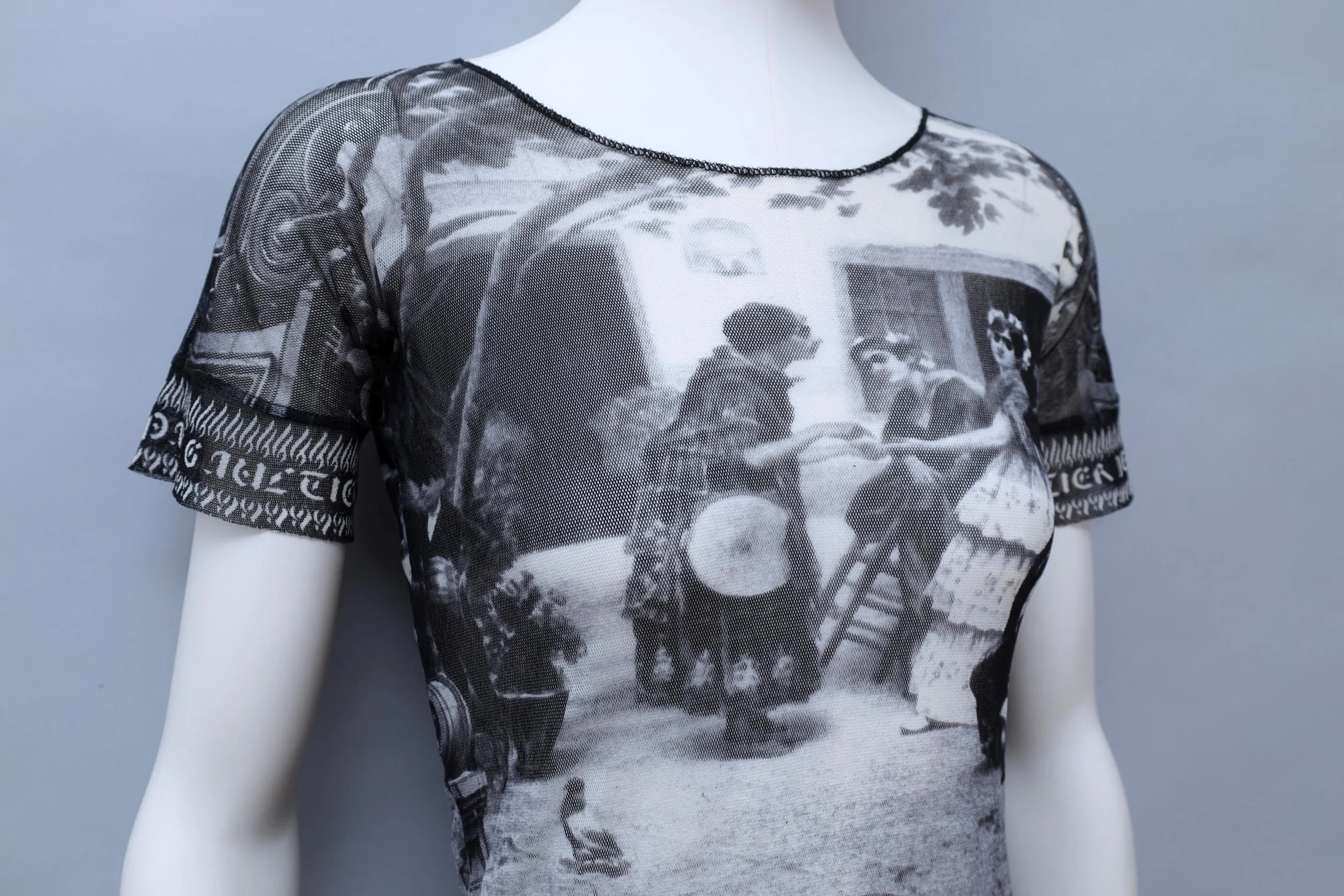 S/S 1998 Jean Paul Gaultier black and white photograph mesh t-shirt
