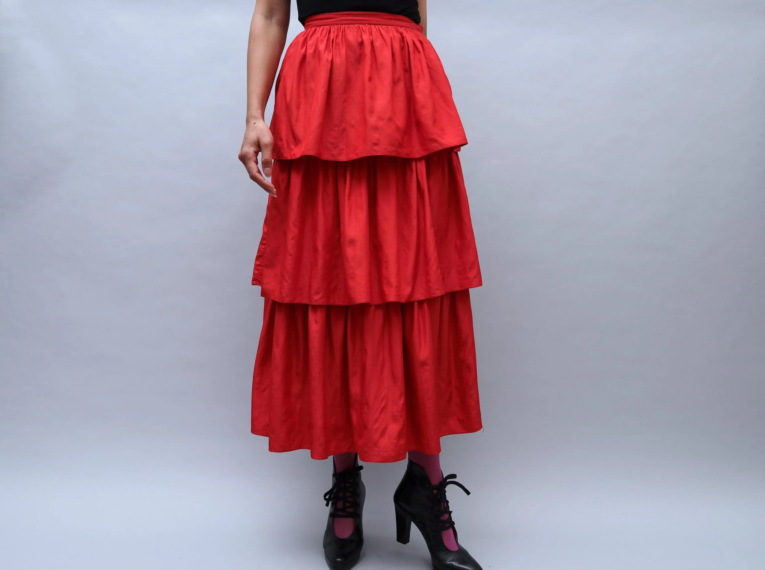 1970s Yves Saint Laurent Rive Gauche tiered red raw silk skirt