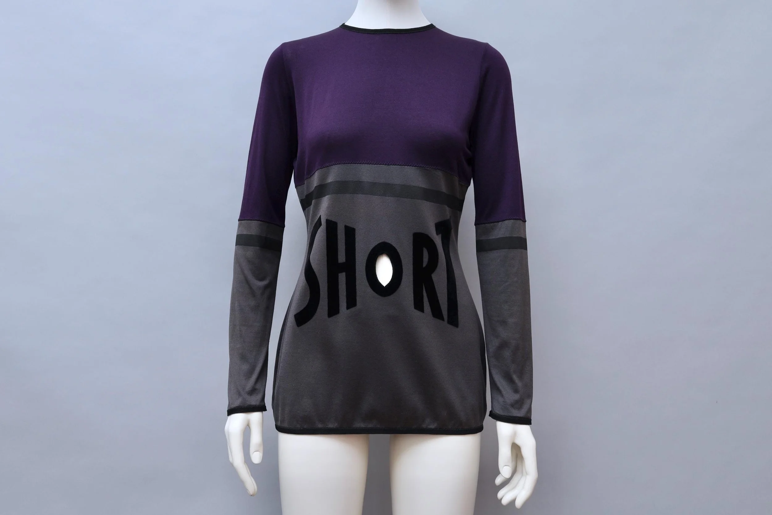 S/S 1990 Jean Paul Gaultier violet and taupe velvet 'SHORT' top