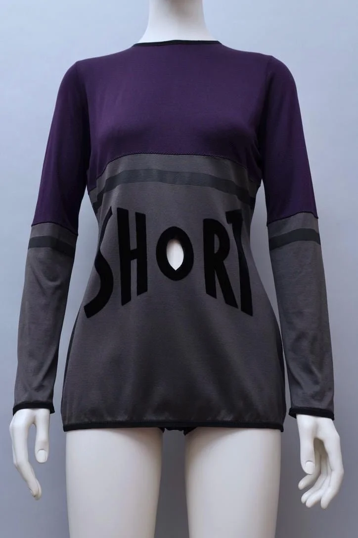 S/S 1990 Jean Paul Gaultier violet and taupe velvet 'SHORT' top