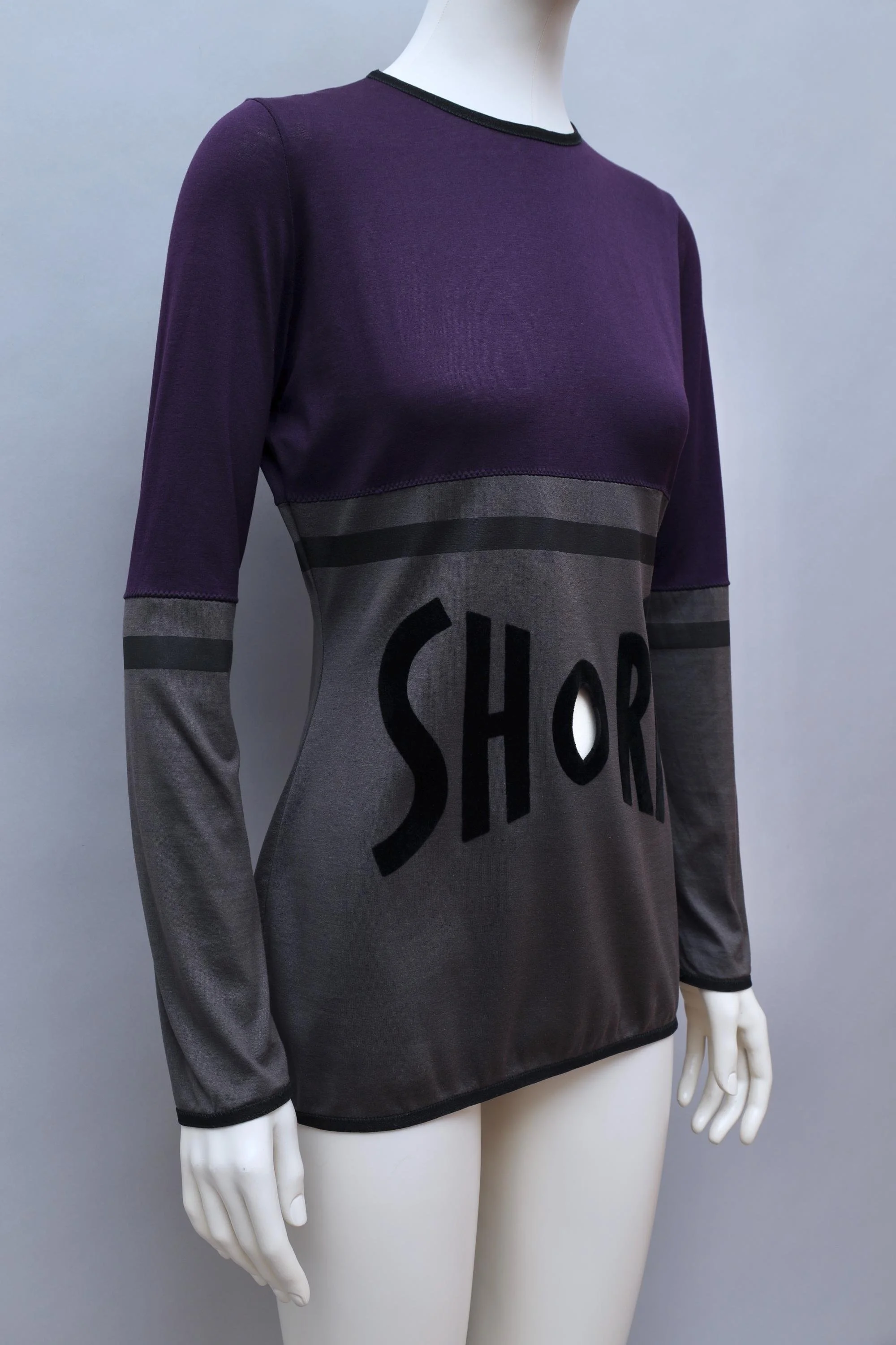 S/S 1990 Jean Paul Gaultier violet and taupe velvet 'SHORT' top