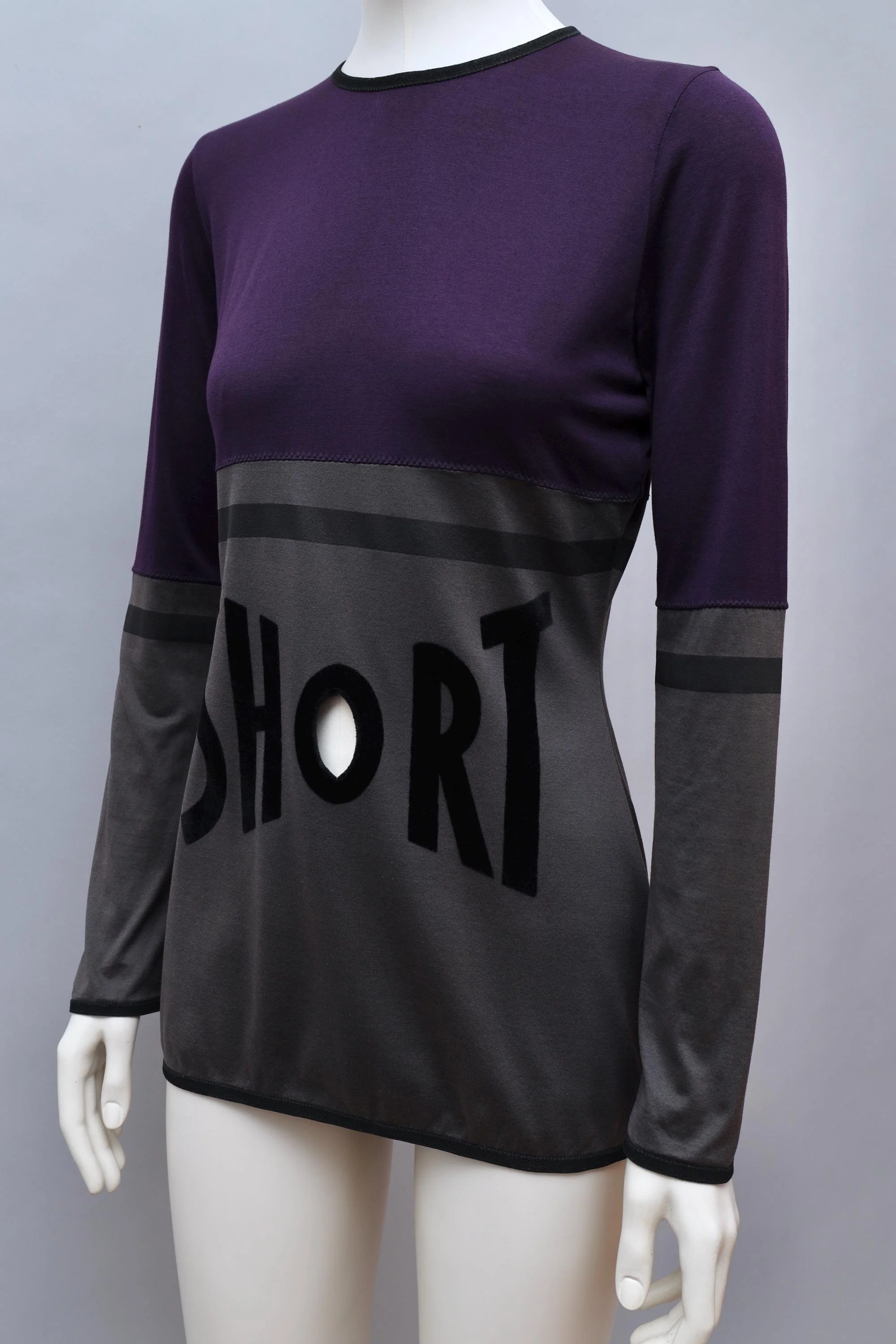 S/S 1990 Jean Paul Gaultier violet and taupe velvet 'SHORT' top