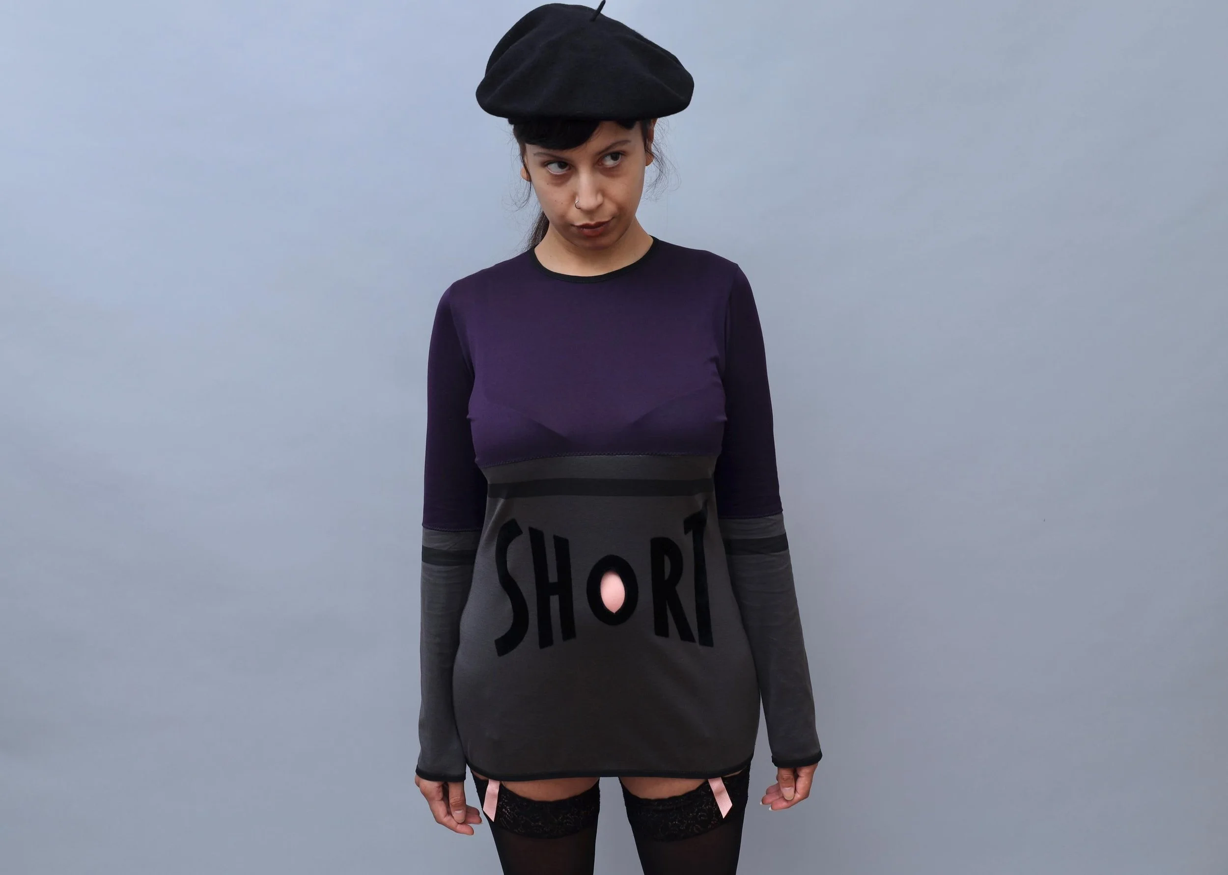 S/S 1990 Jean Paul Gaultier violet and taupe velvet 'SHORT' top