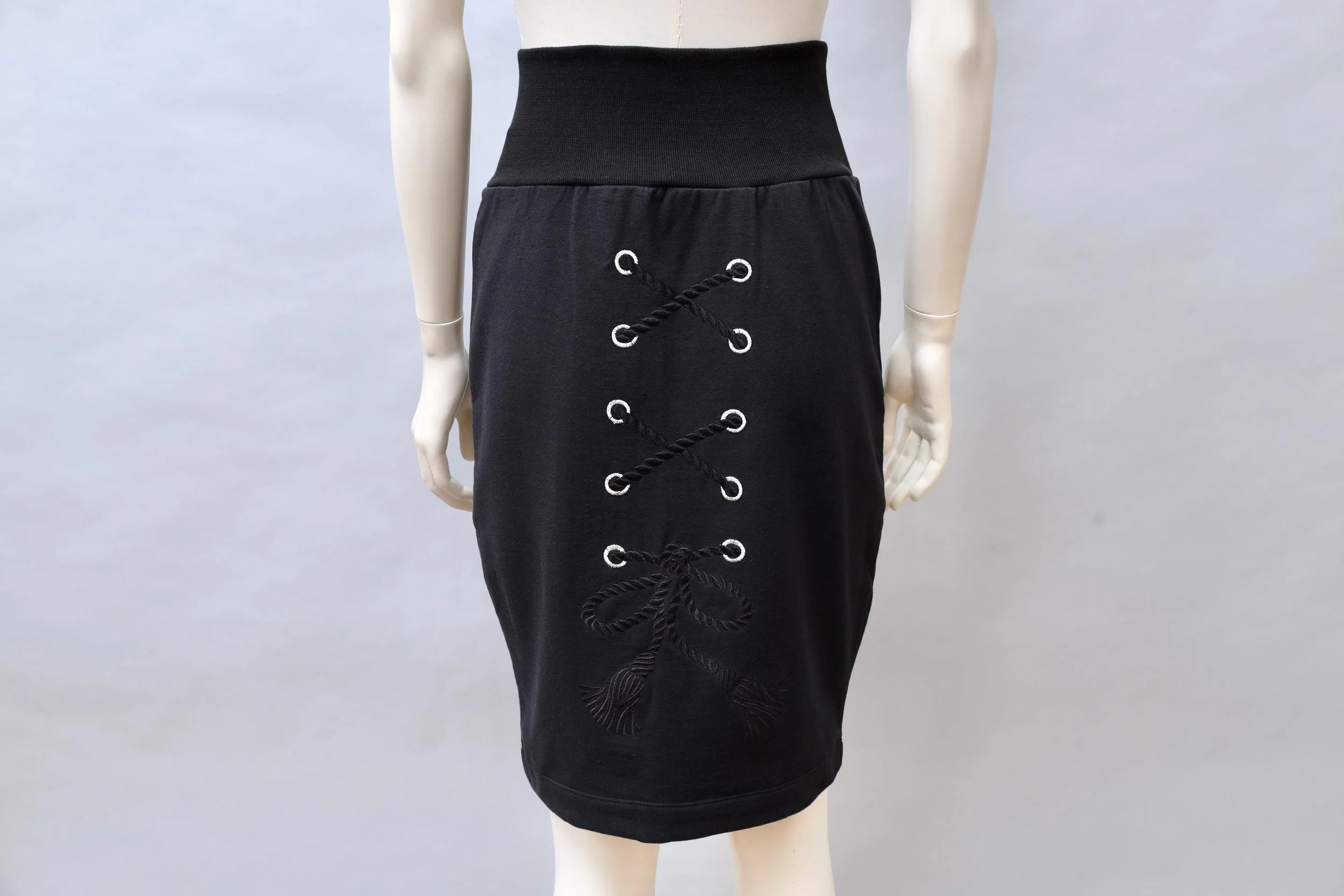 late 1980s / early 1990s Chantal Thomass black cotton fleece trompe l'oeil lace up skirt