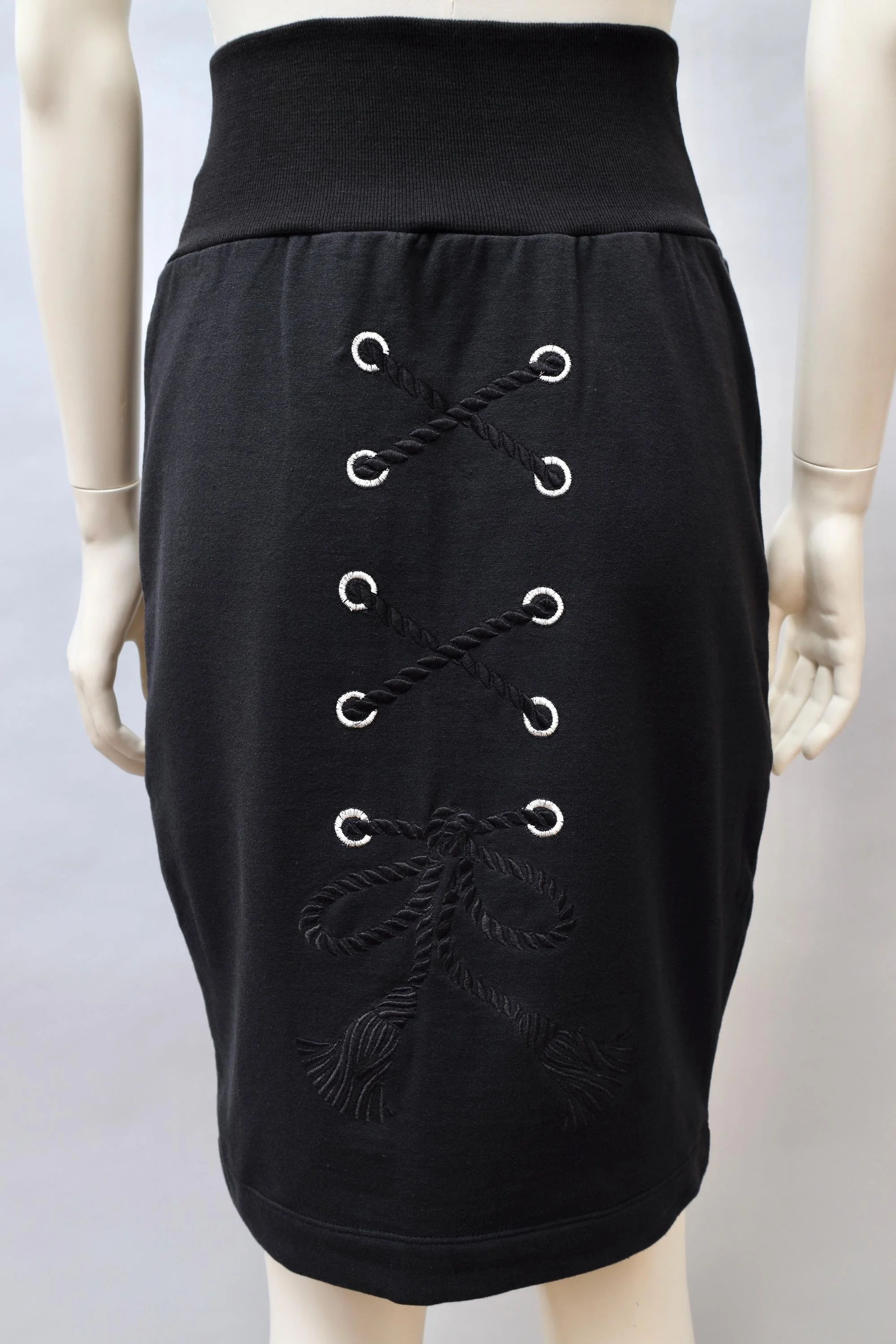 late 1980s / early 1990s Chantal Thomass black cotton fleece trompe l'oeil lace up skirt