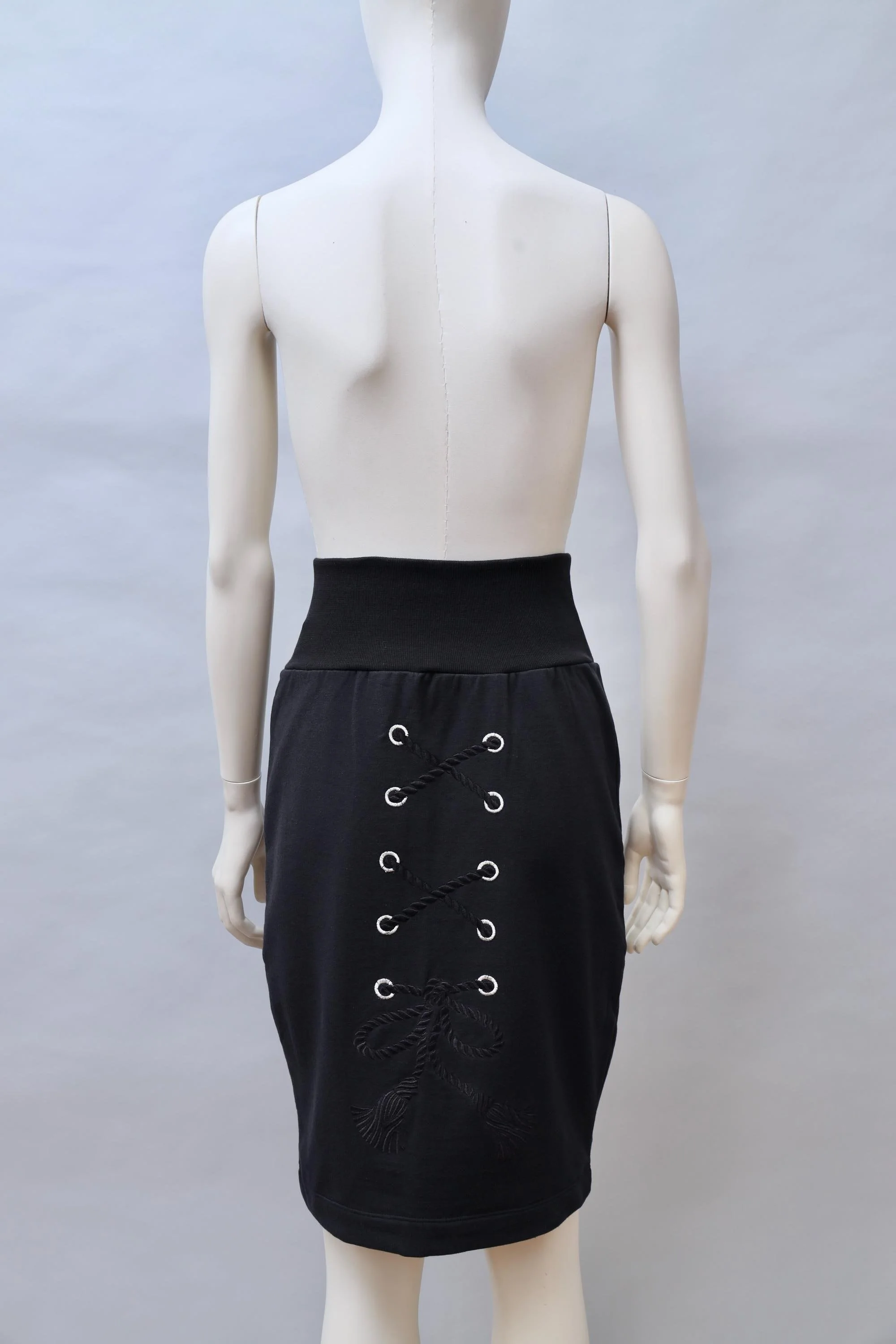 late 1980s / early 1990s Chantal Thomass black cotton fleece trompe l'oeil lace up skirt
