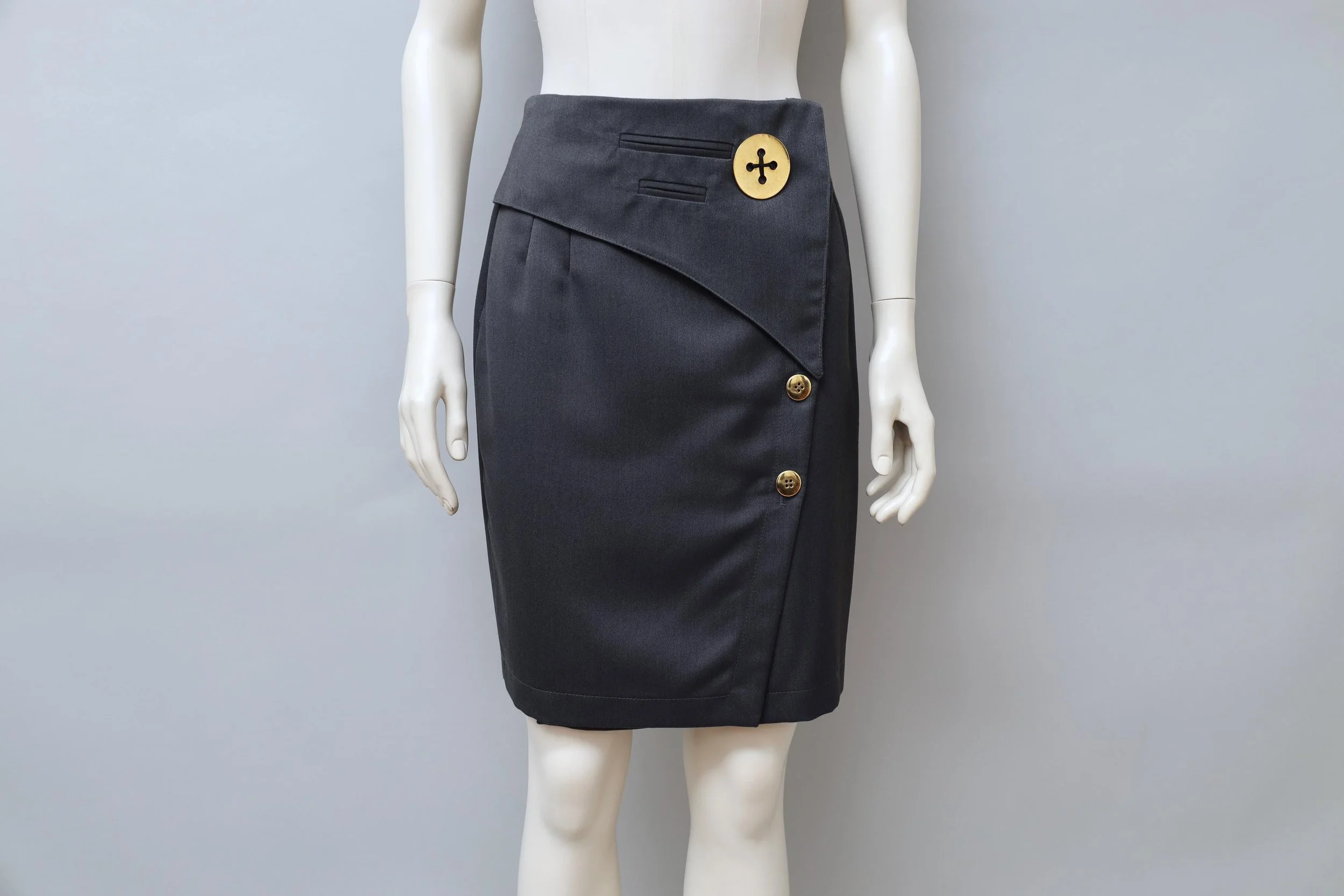 1980s I Gabbiani gray wrap pencil skirt with gold buttons
