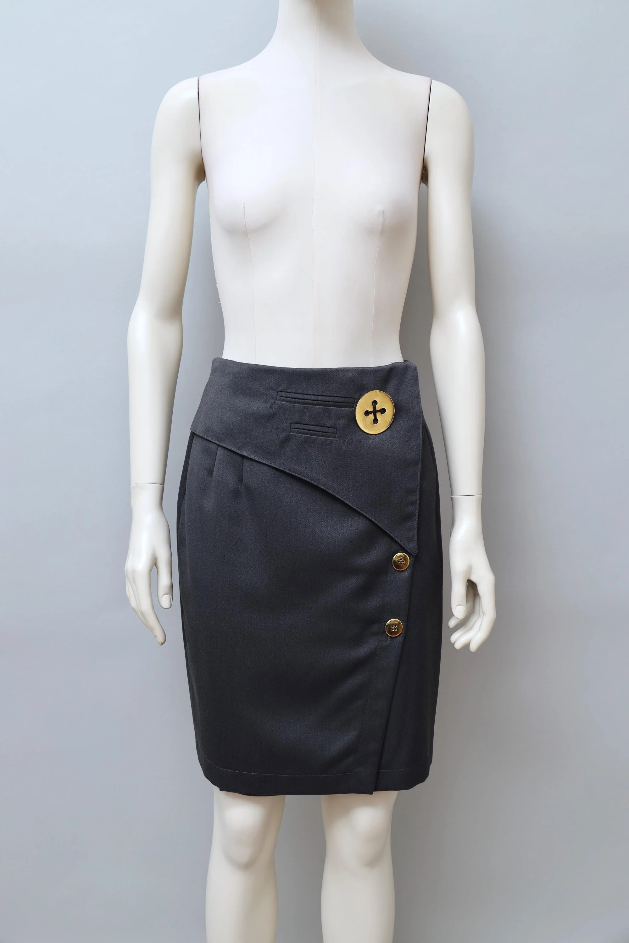 1980s I Gabbiani gray wrap pencil skirt with gold buttons