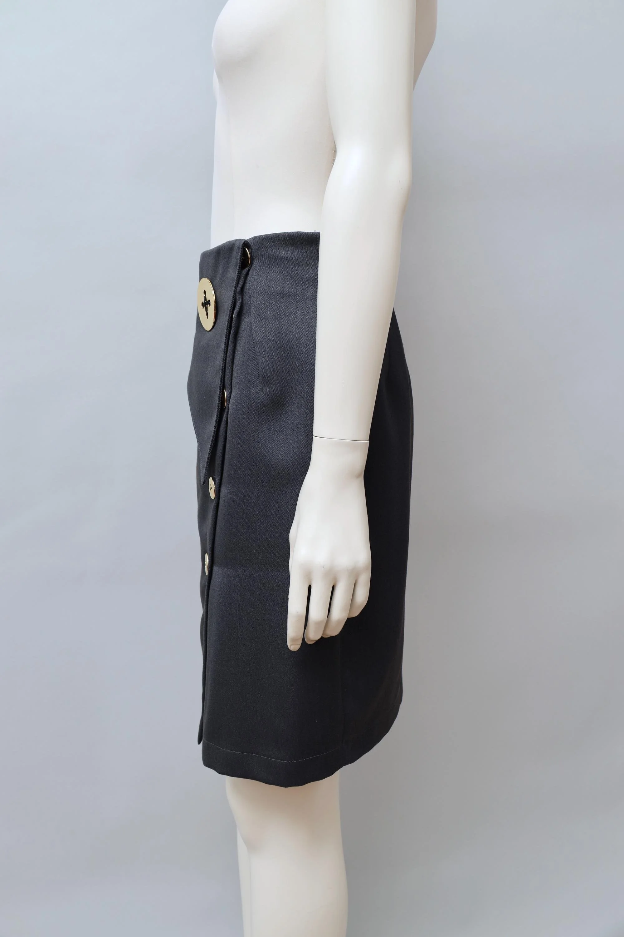 gray wrap pencil skirt with gold buttons side