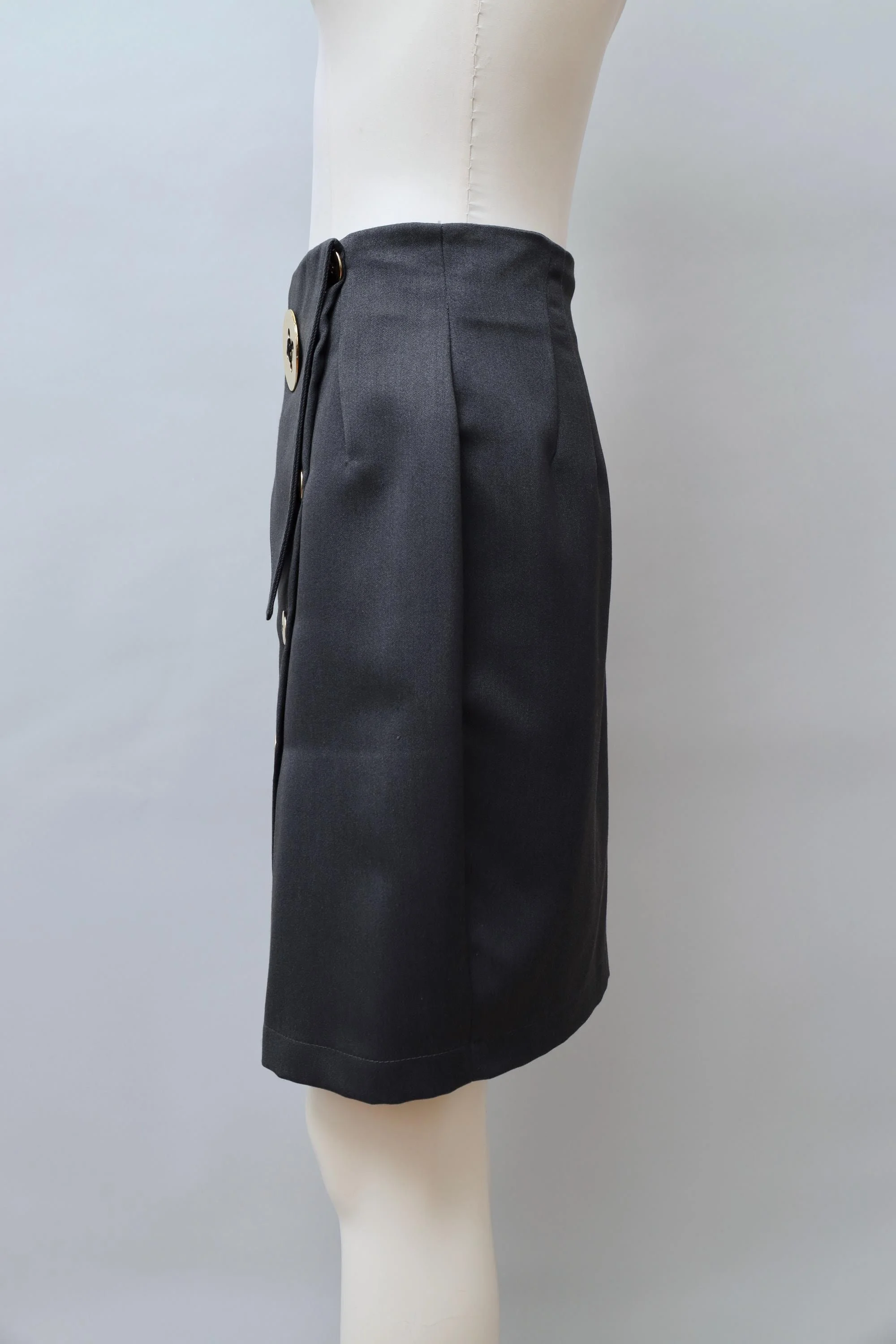 gray wrap pencil skirt with gold buttons side
