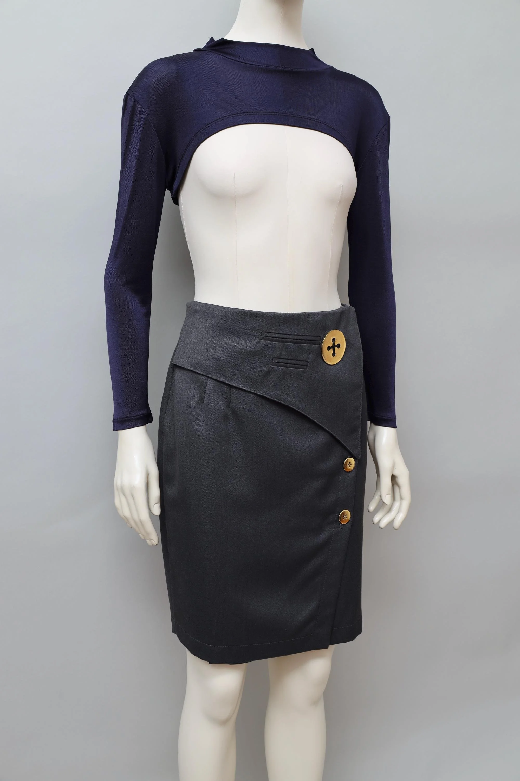 1980s I Gabbiani gray wrap pencil skirt with gold buttons