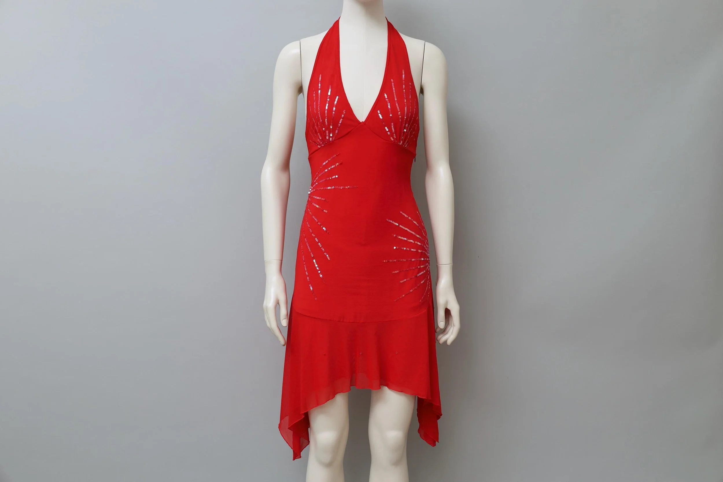 1990s Jessie Norman art deco sequin red chiffon halterneck dress