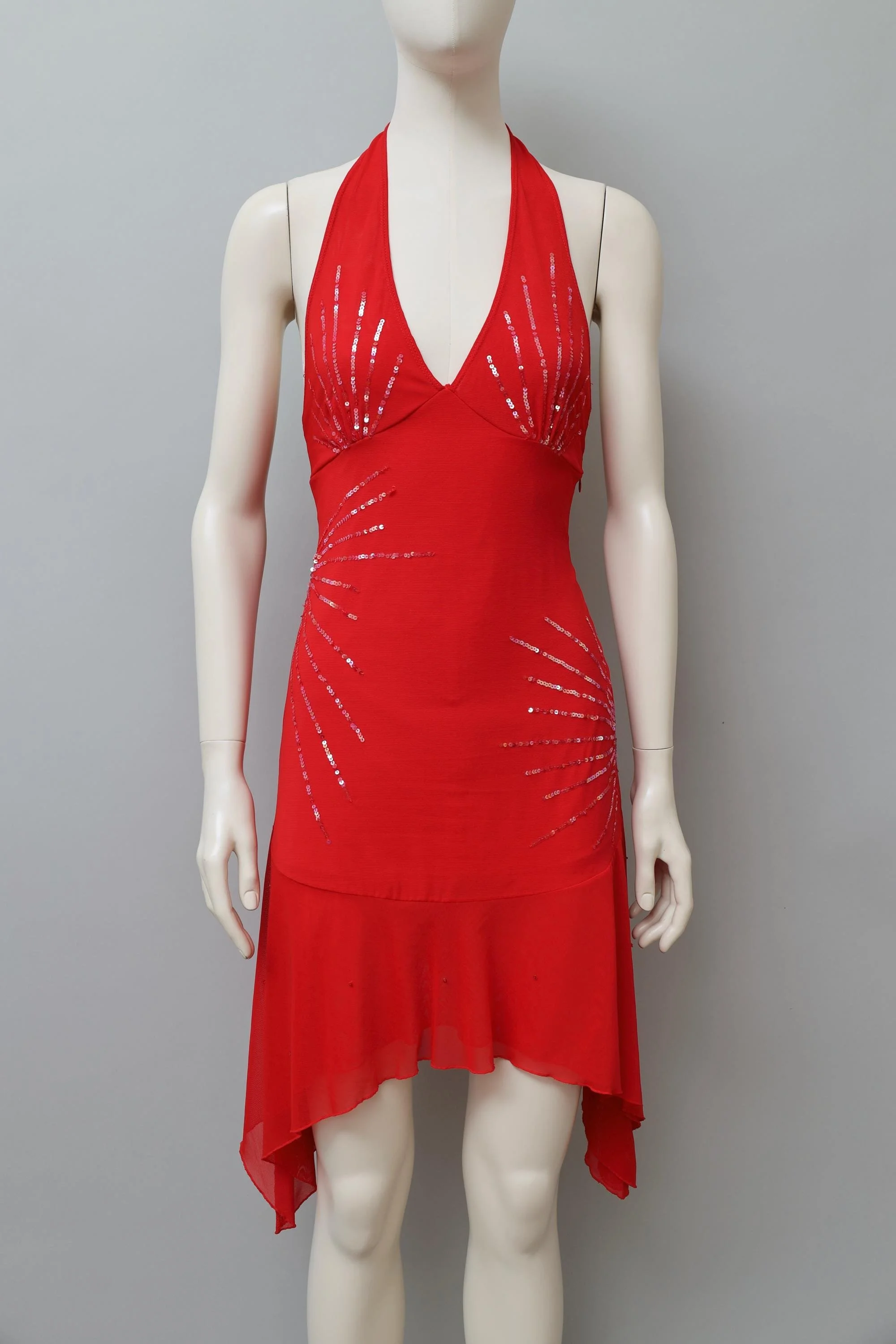 1990s Jessie Norman art deco sequin red chiffon halterneck dress