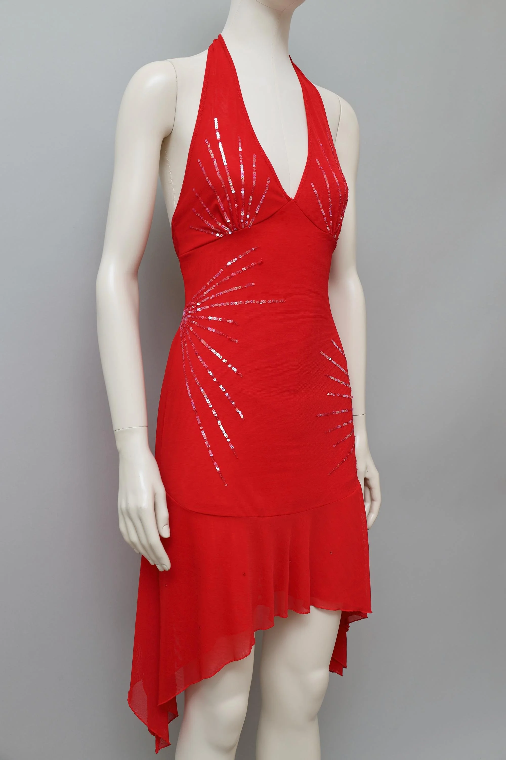 1990s Jessie Norman art deco sequin red chiffon halterneck dress