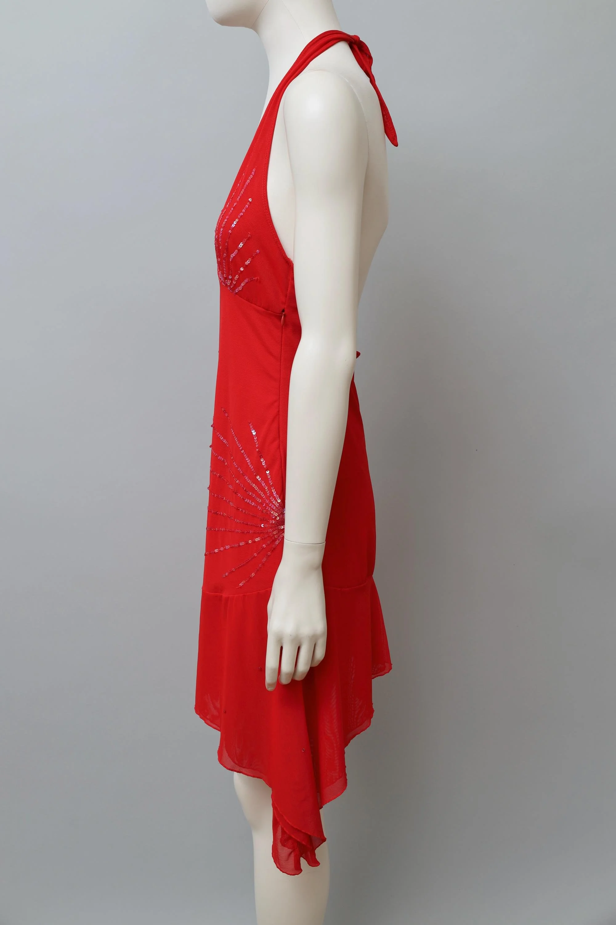 1990s Jessie Norman art deco sequin red chiffon halterneck dress