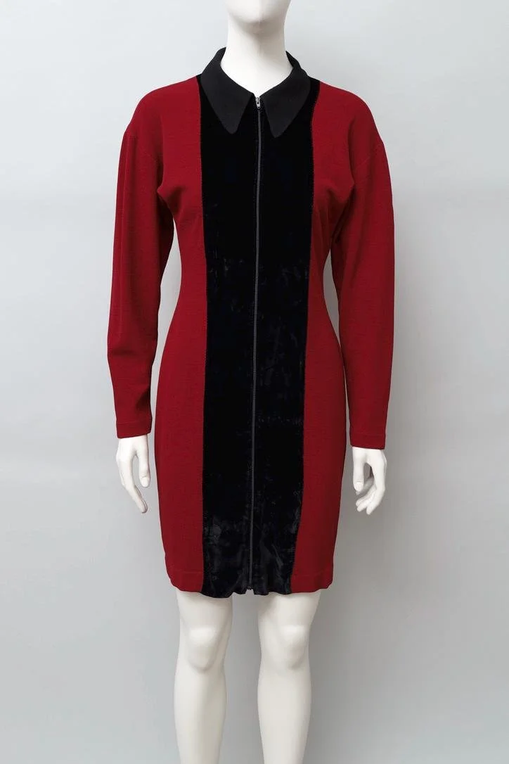 late 1980s / early 1990s Jean Paul Gaultier red dress with black velvet stripe