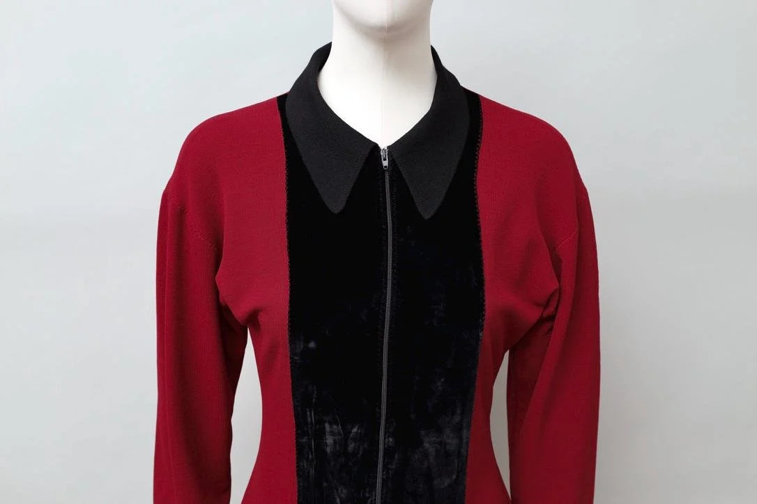 late 1980s / early 1990s Jean Paul Gaultier red dress with black velvet stripe