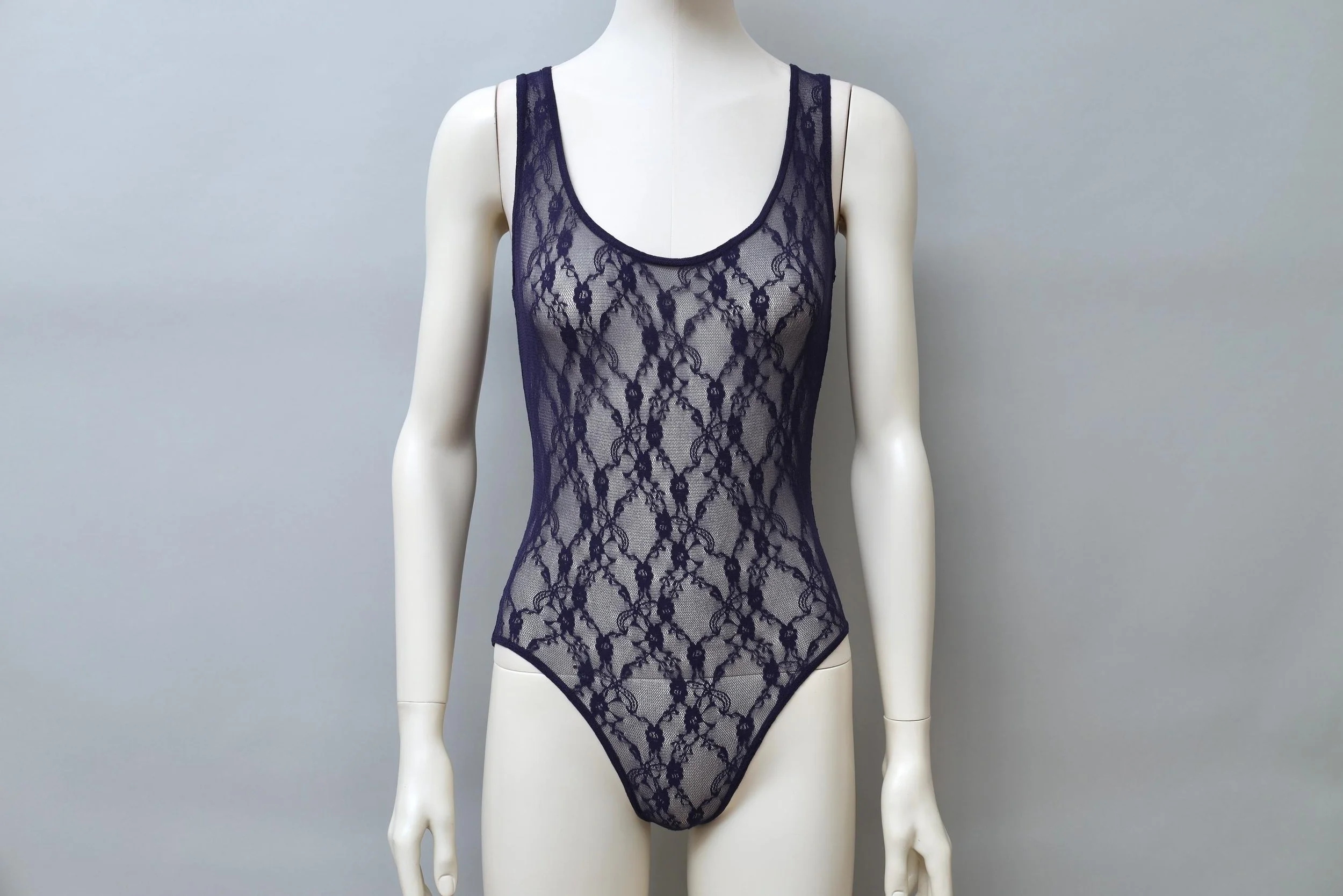 1980s Chantal Thomass Wolford dark blue floral pattern lace bodysuit