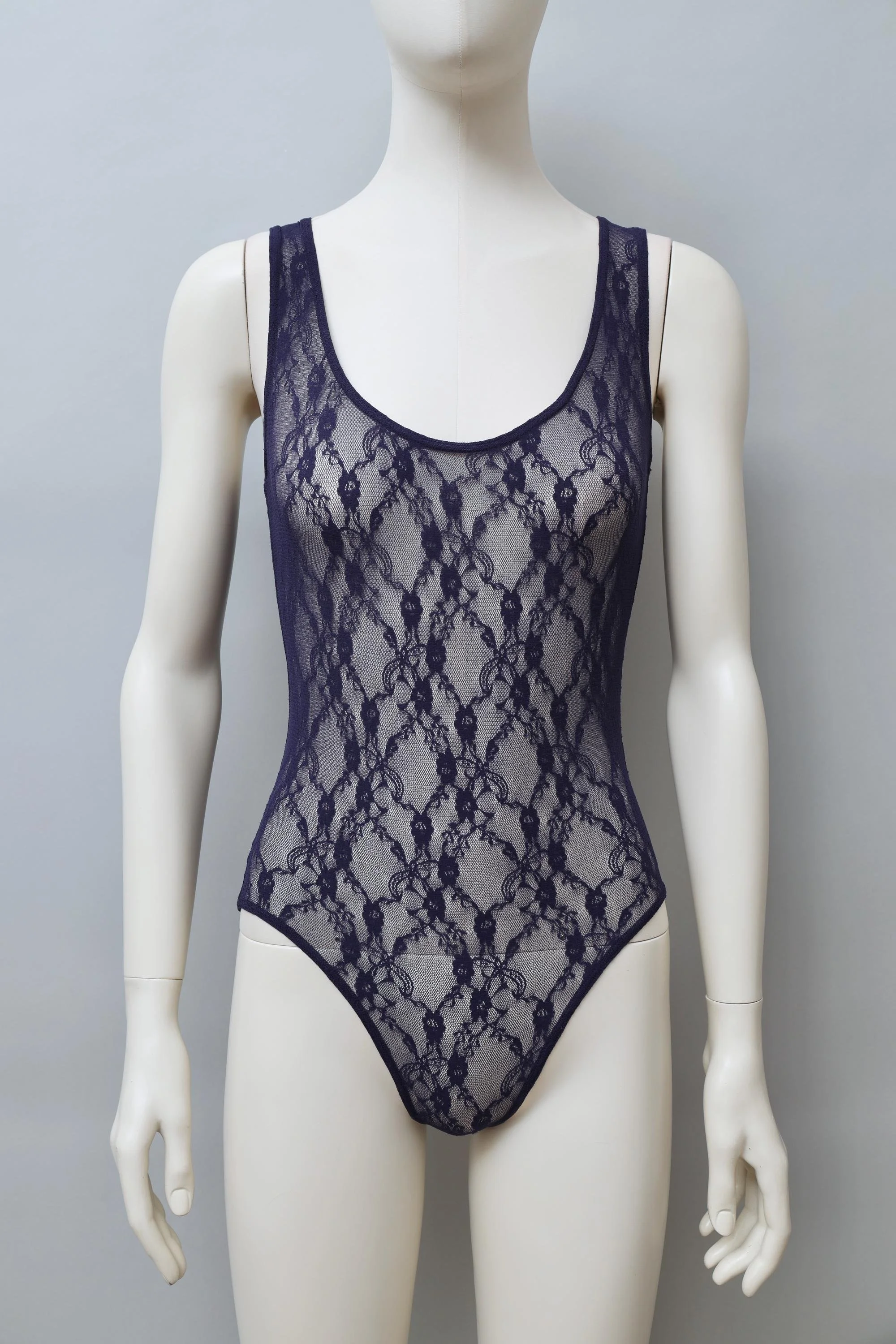 1980s Chantal Thomass Wolford dark blue floral pattern lace bodysuit