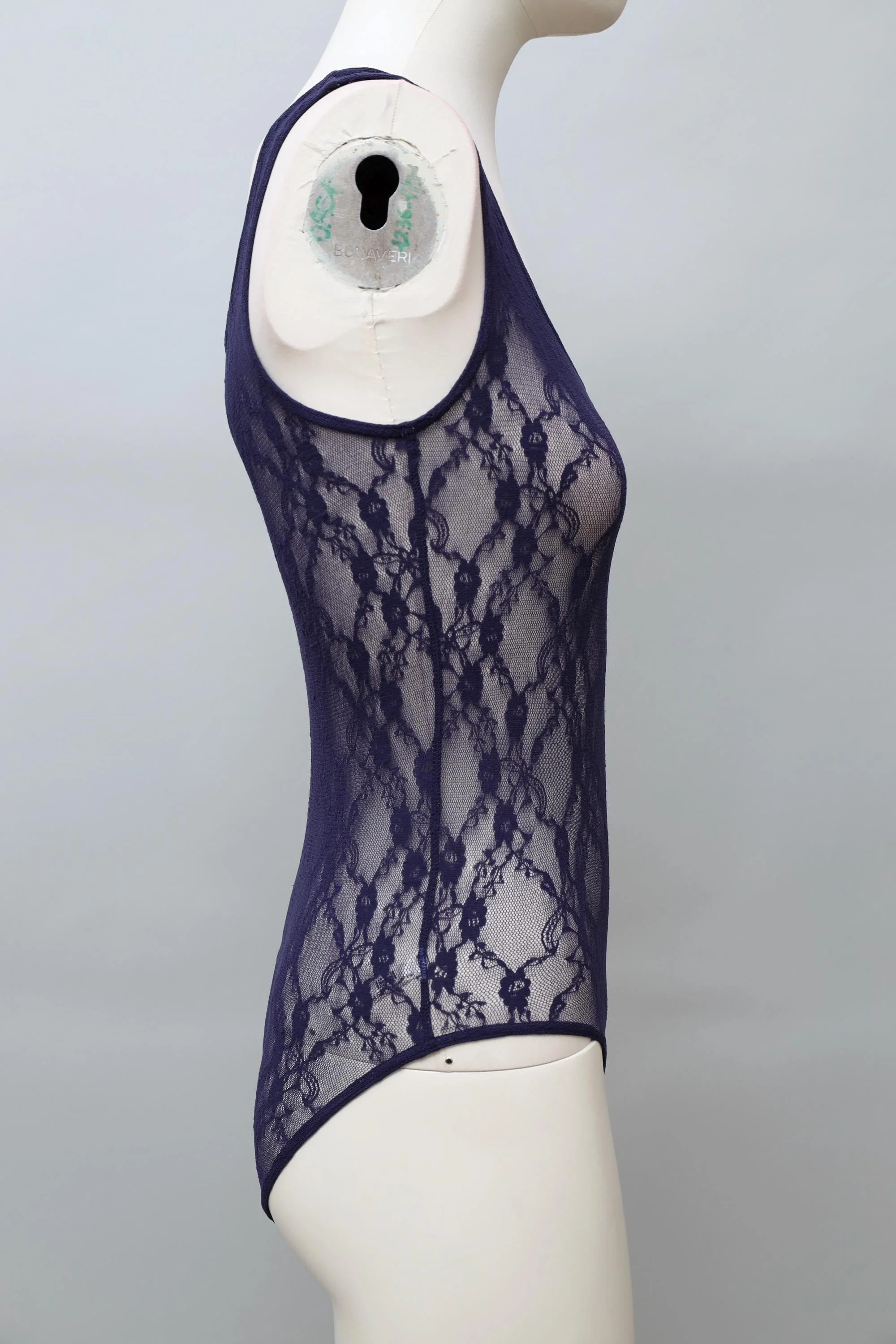 1980s Chantal Thomass Wolford dark blue floral pattern lace bodysuit