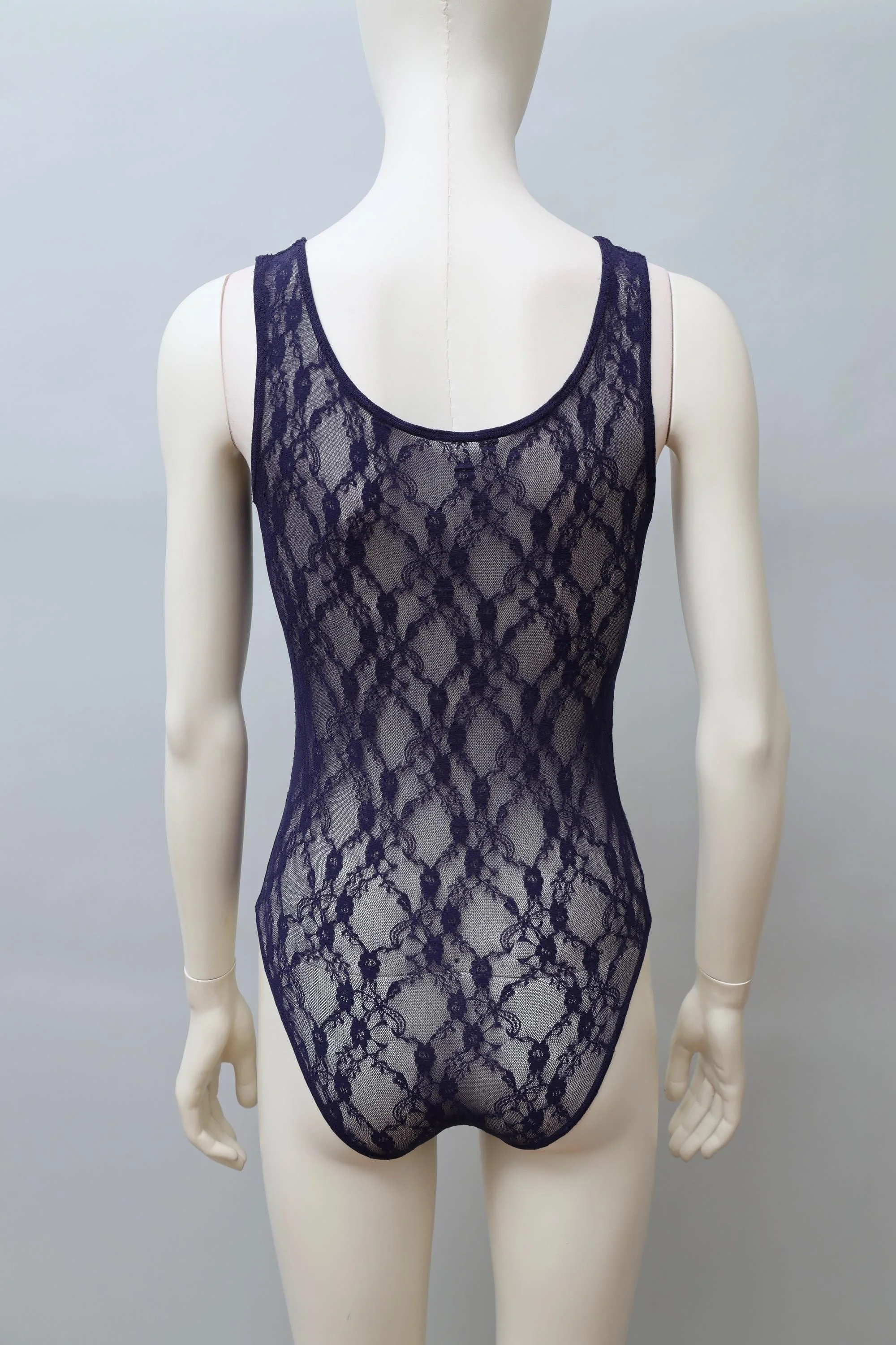 1980s Chantal Thomass Wolford dark blue floral pattern lace bodysuit