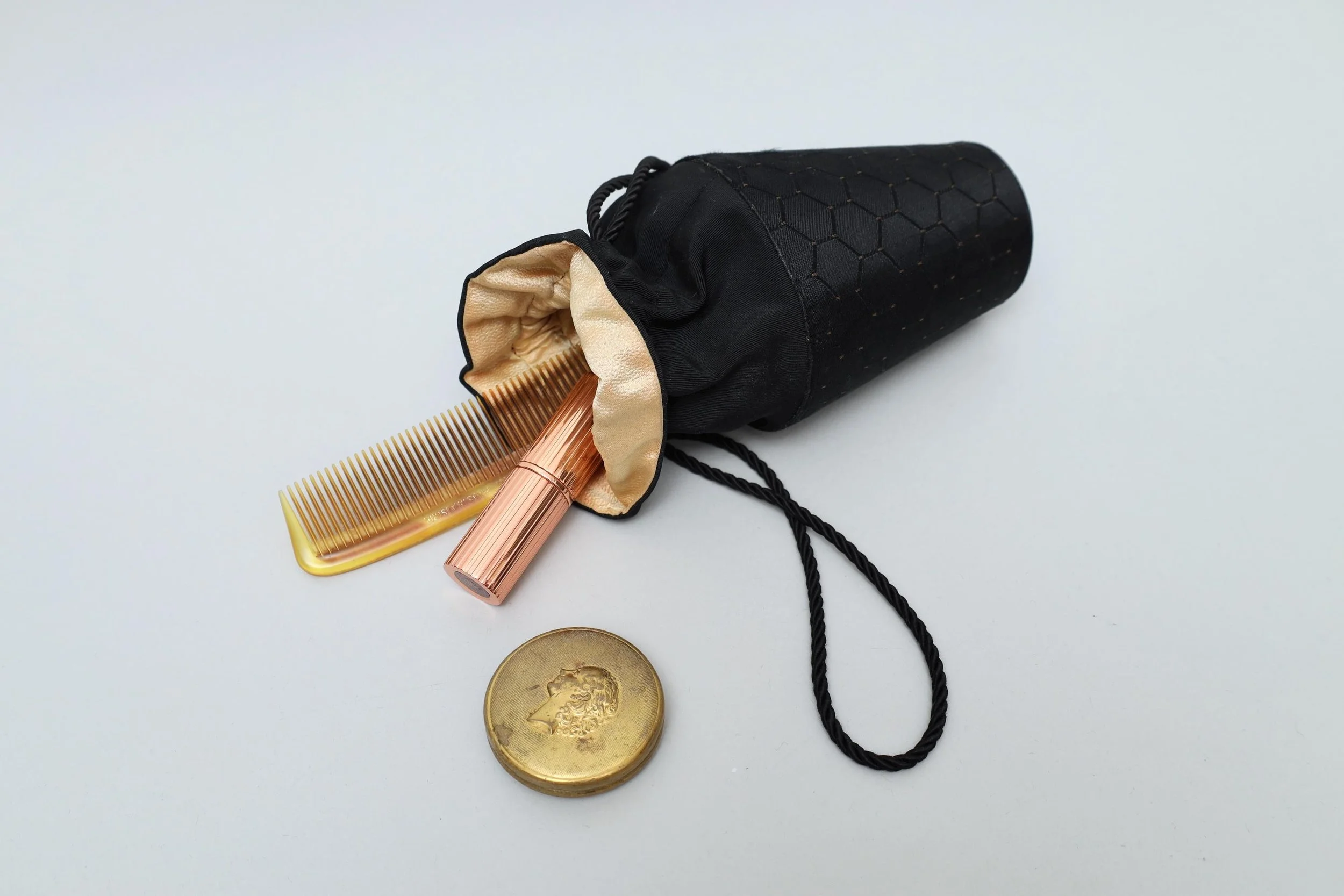 Vintage black and pale gold satin honeycomb reticule bag