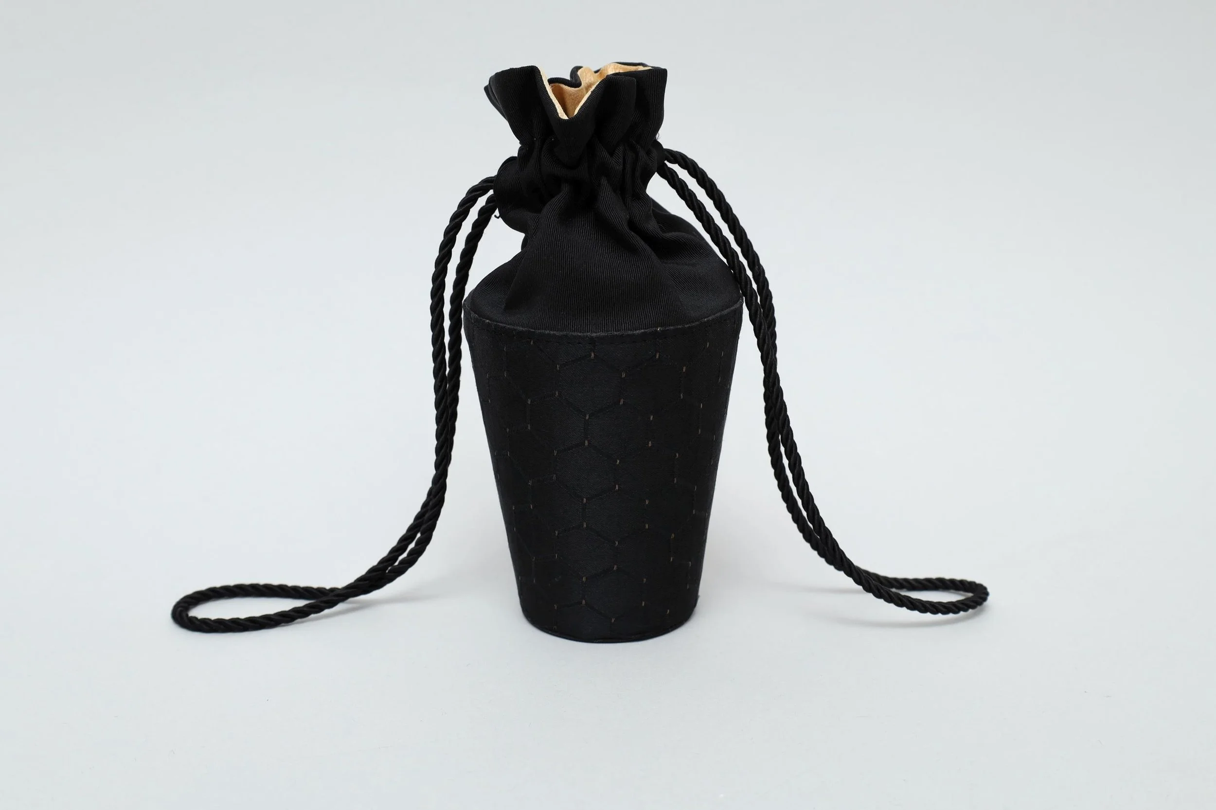 Vintage black and pale gold satin honeycomb reticule bag