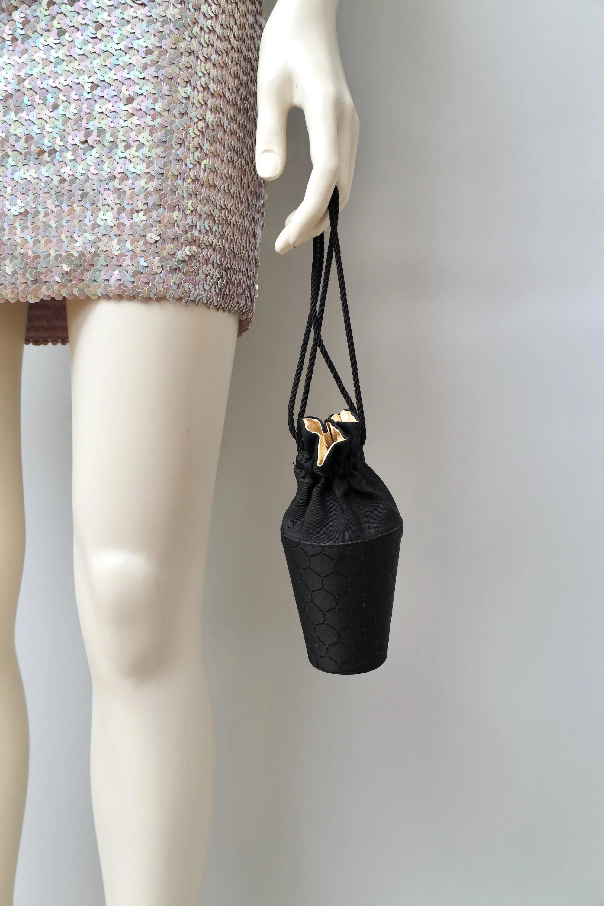 Vintage black and pale gold satin honeycomb reticule bag