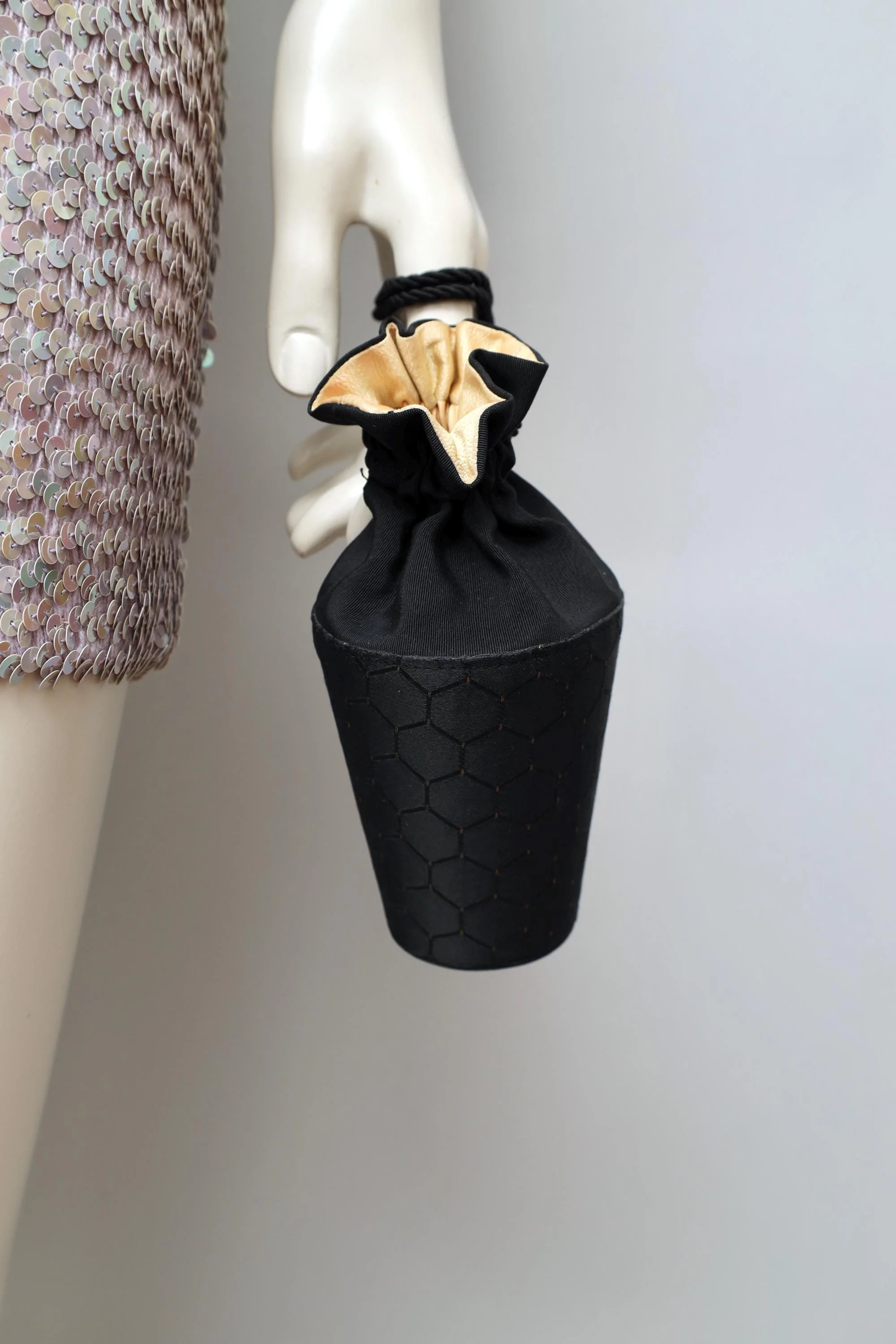 Vintage black and pale gold satin honeycomb reticule bag