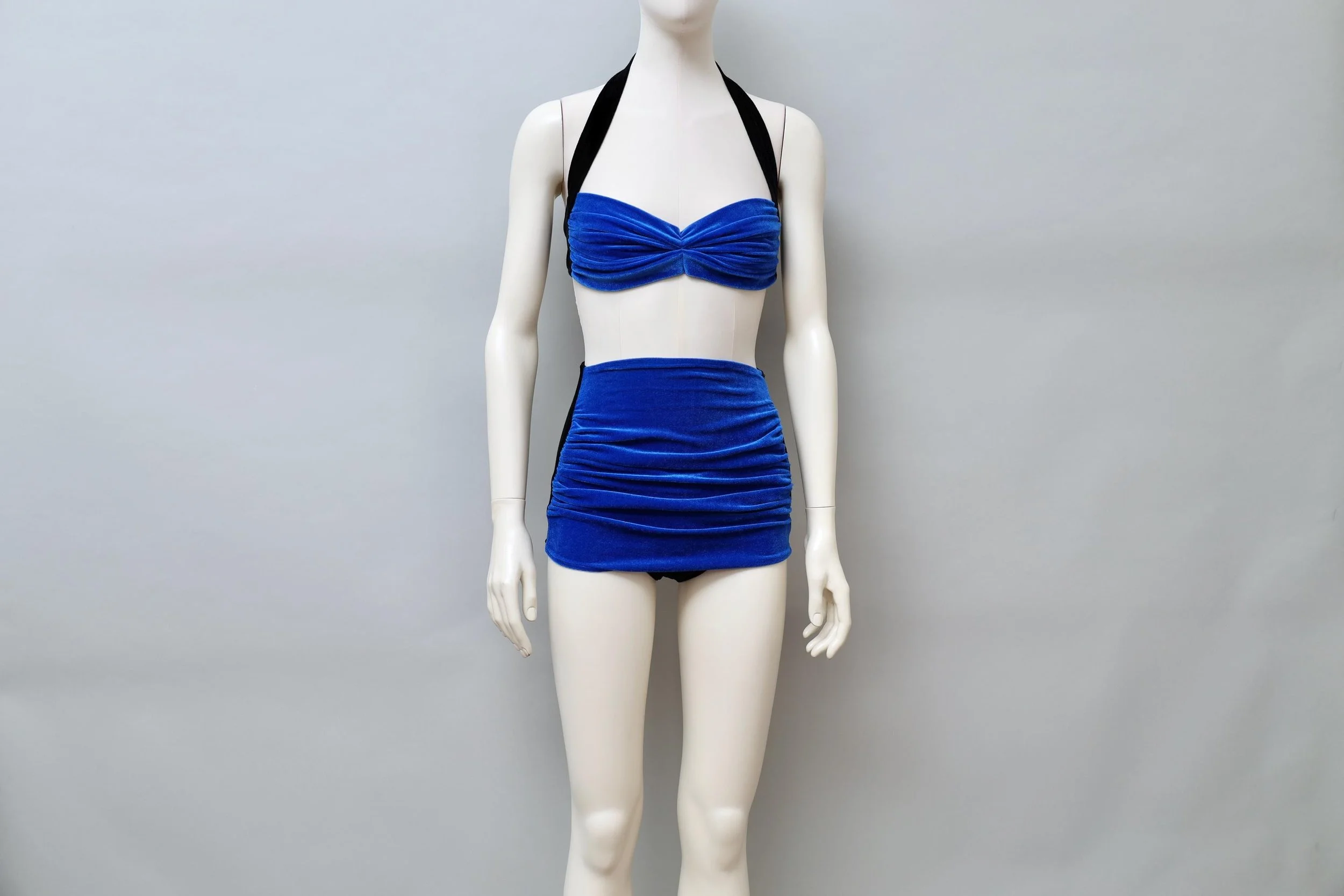 1980s Norma Kamali black and blue ruched velvet bikini