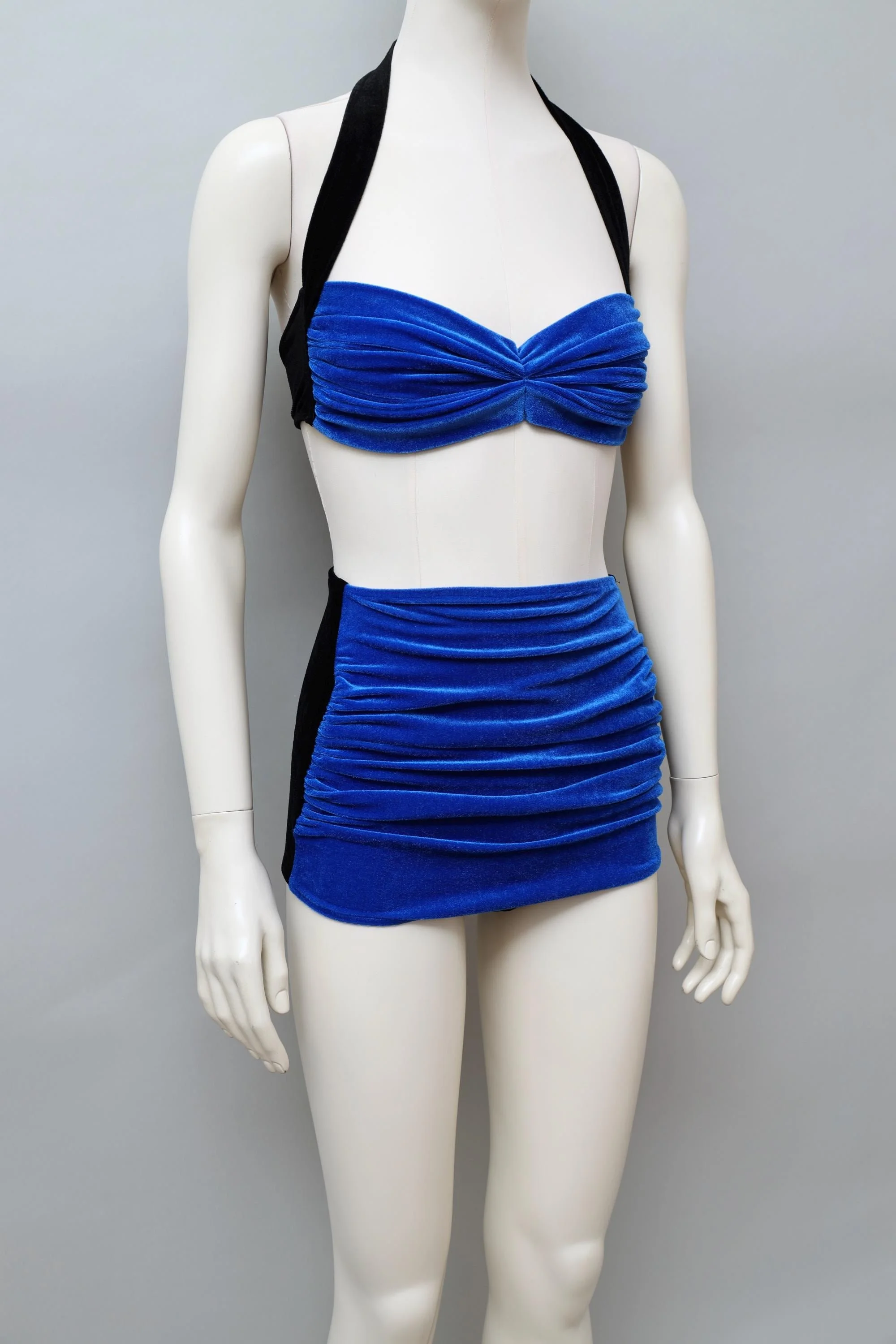 1980s Norma Kamali black and blue ruched velvet bikini