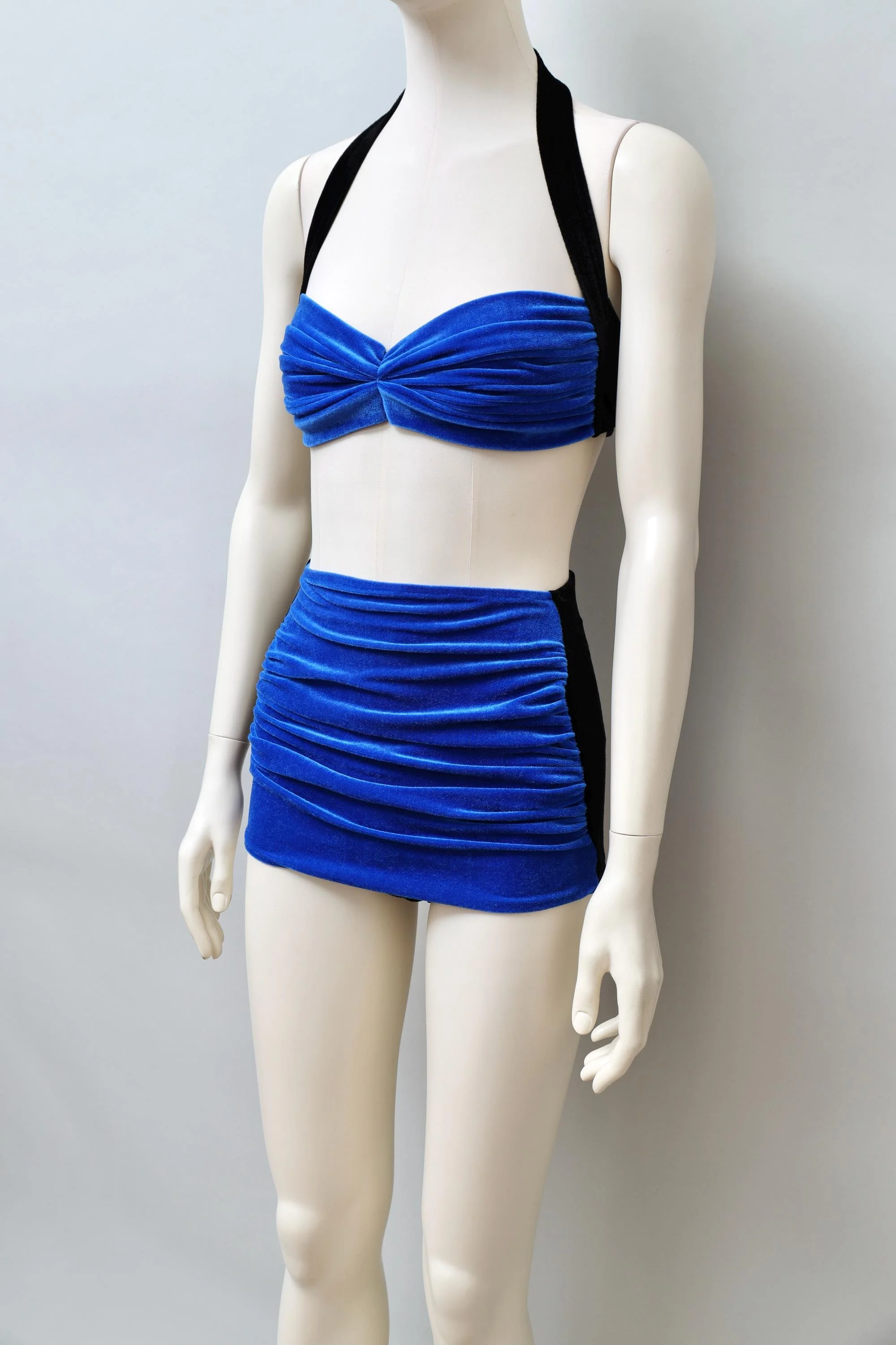 1980s Norma Kamali black and blue ruched velvet bikini